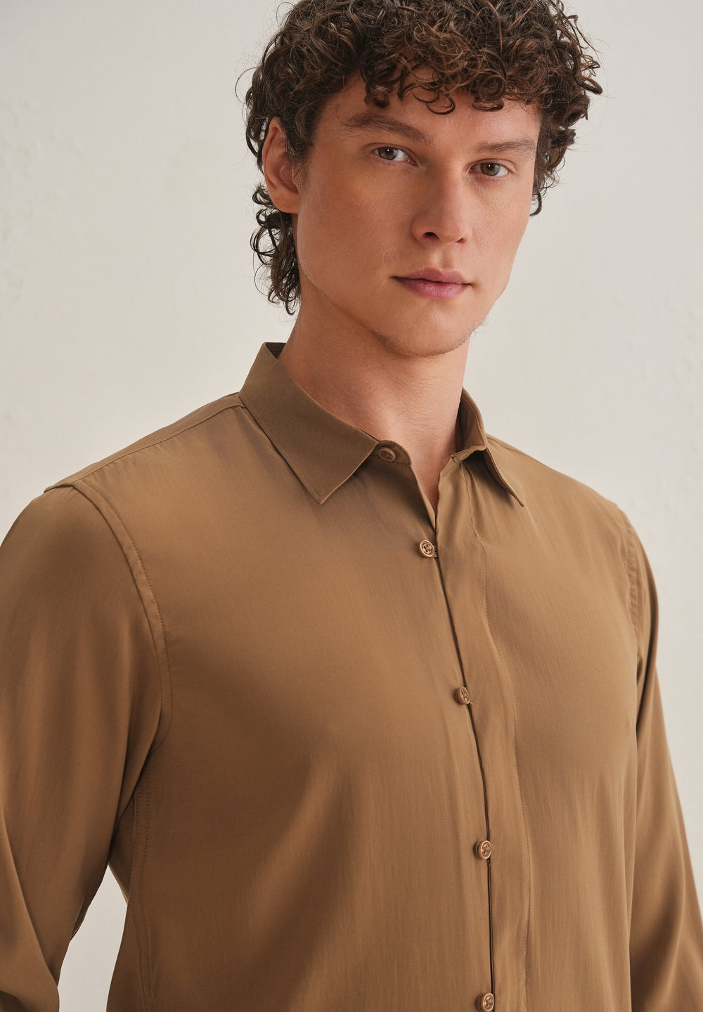 Golden Brown Loop Button-Down Plain Shirt