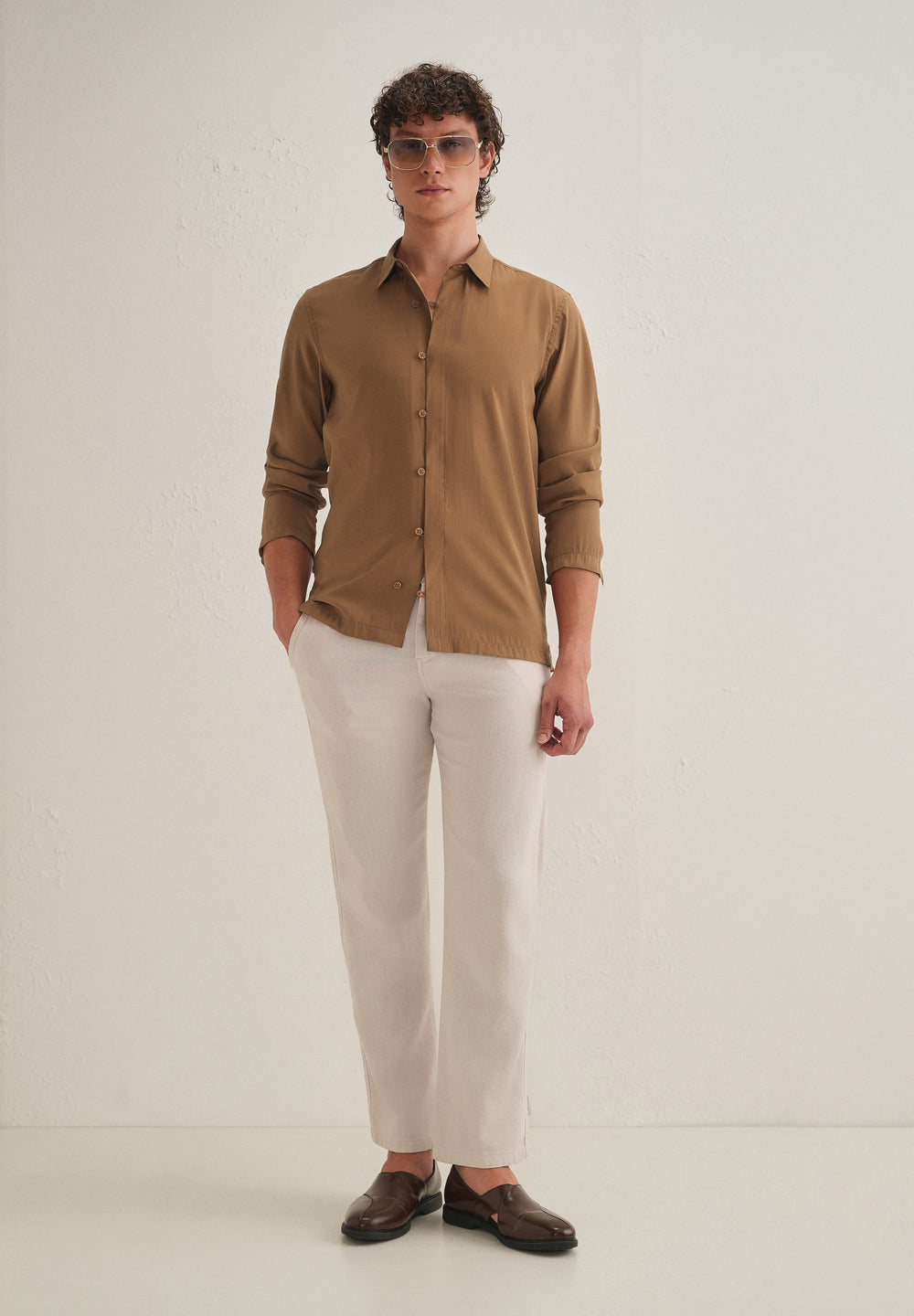 Golden Brown Loop Button-Down Plain Shirt