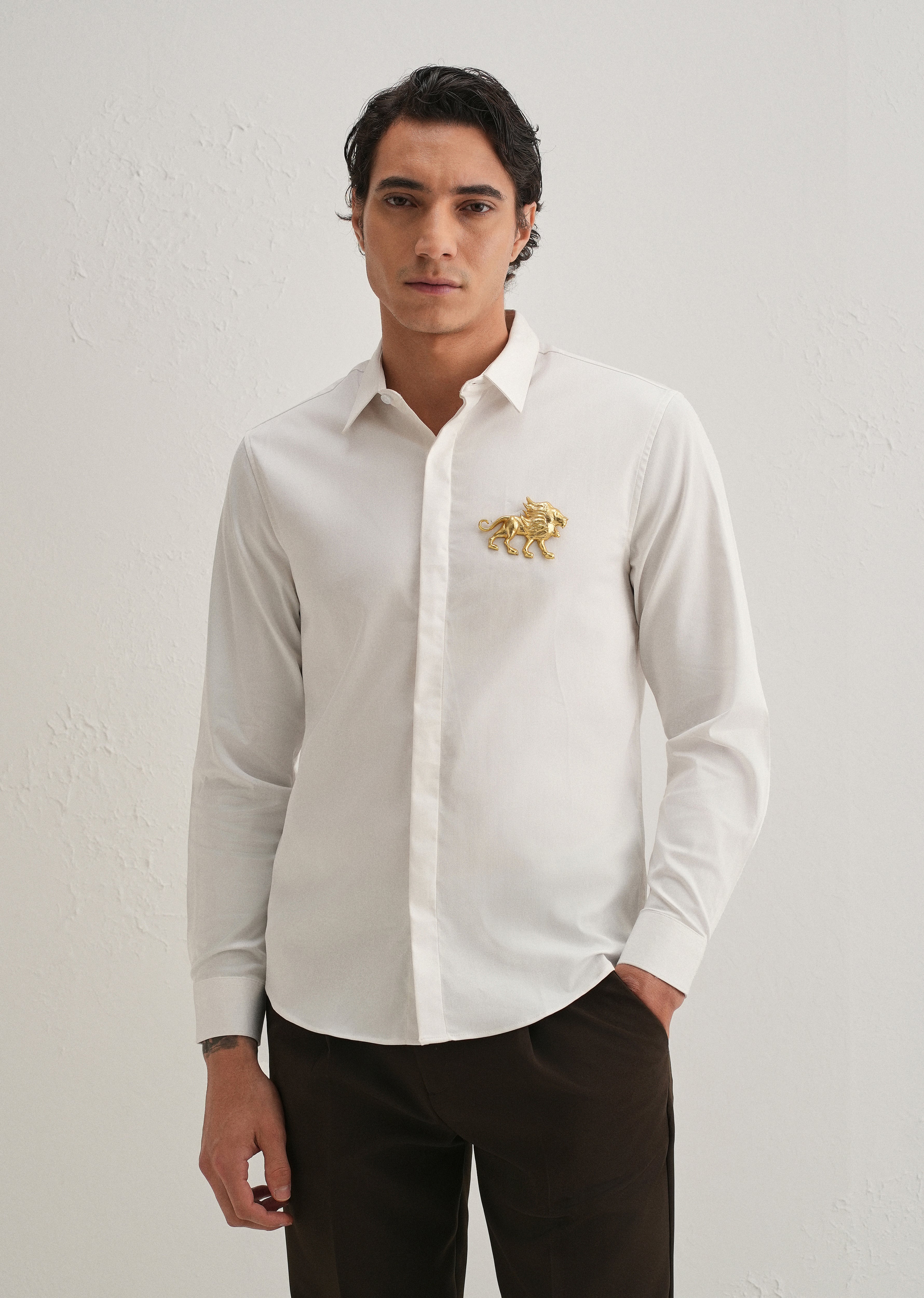 Golden Lion Brooch White Designer Shirt