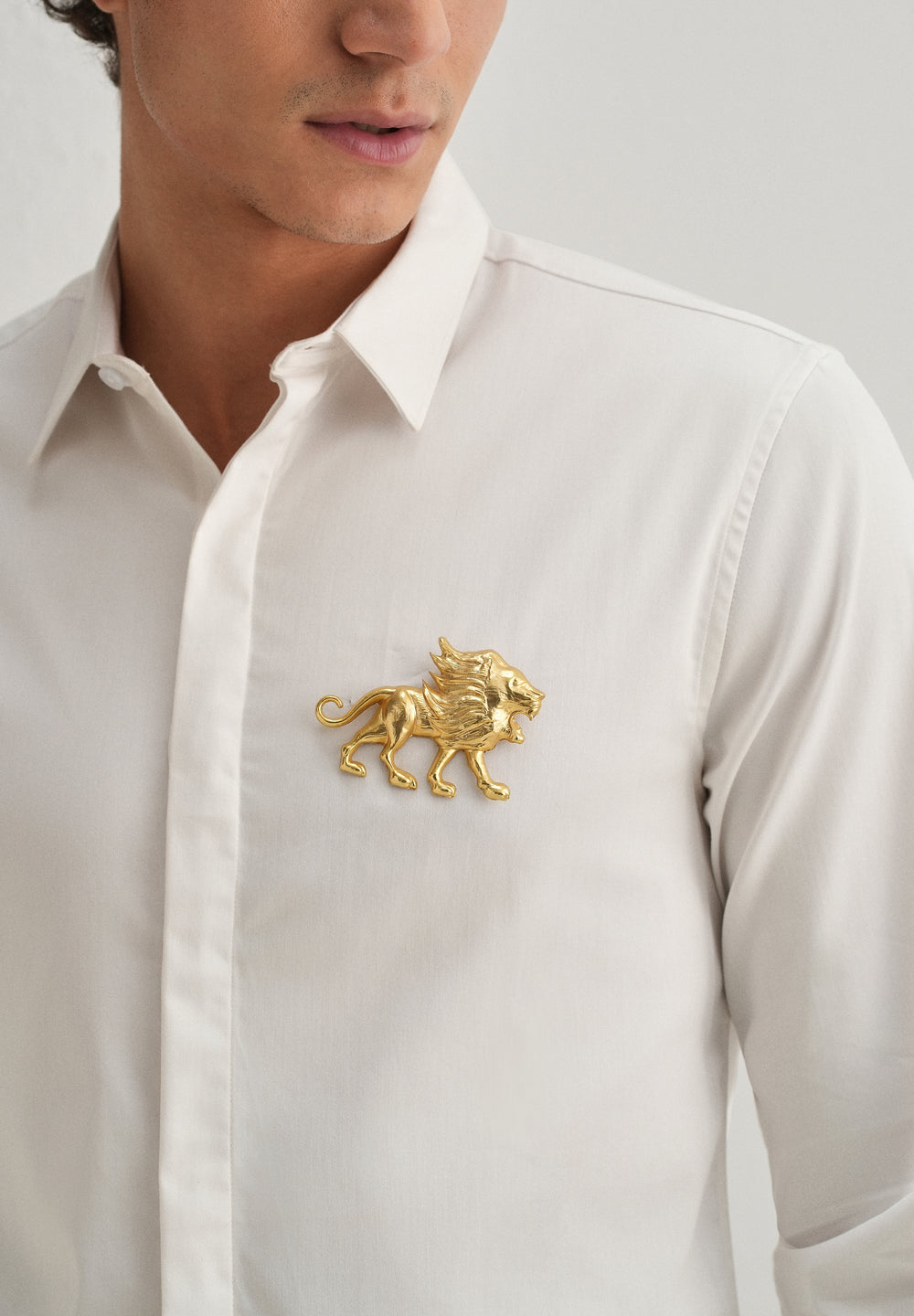 Golden Lion Brooch White Designer Shirt