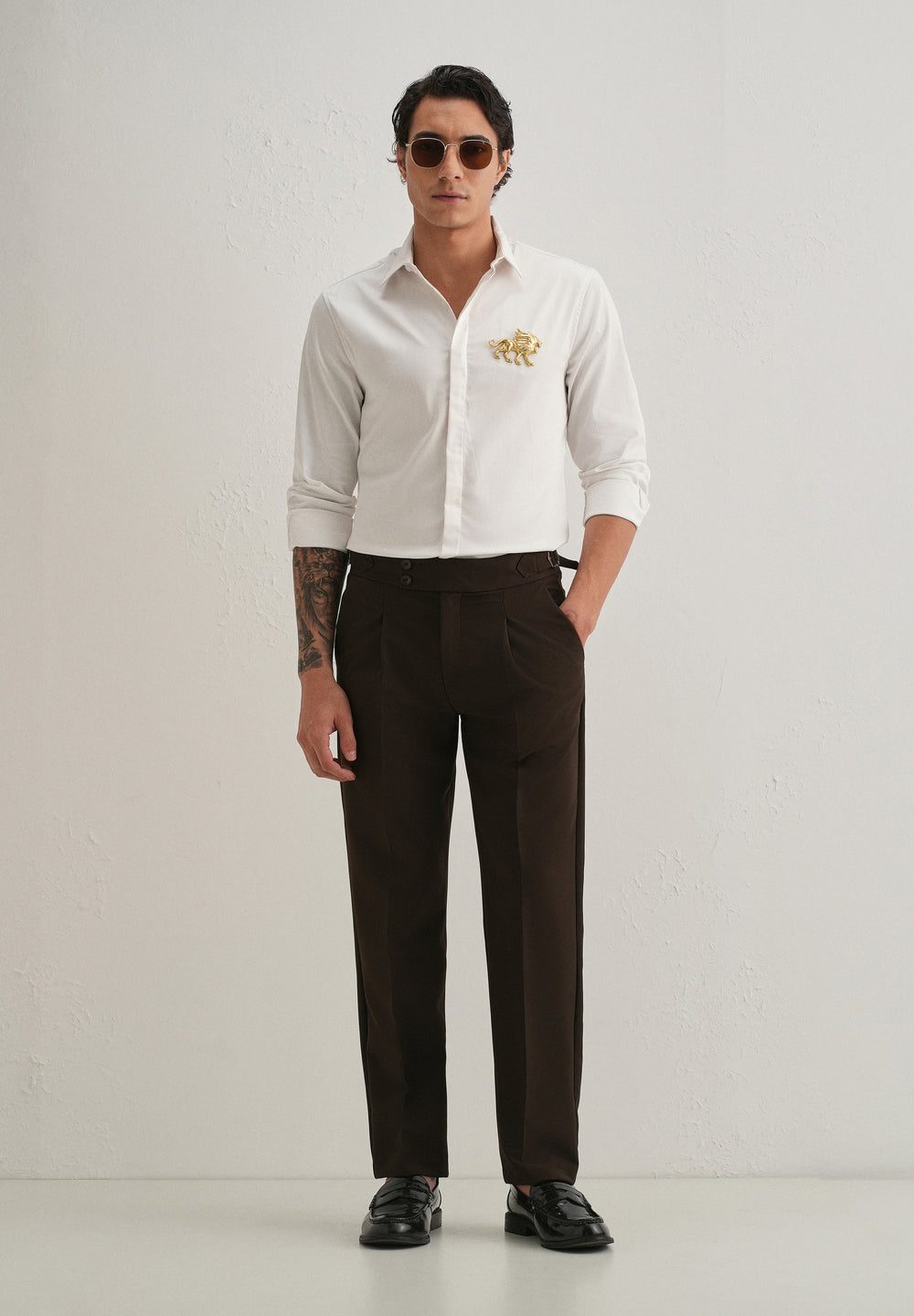 Golden Lion Brooch White Designer Shirt