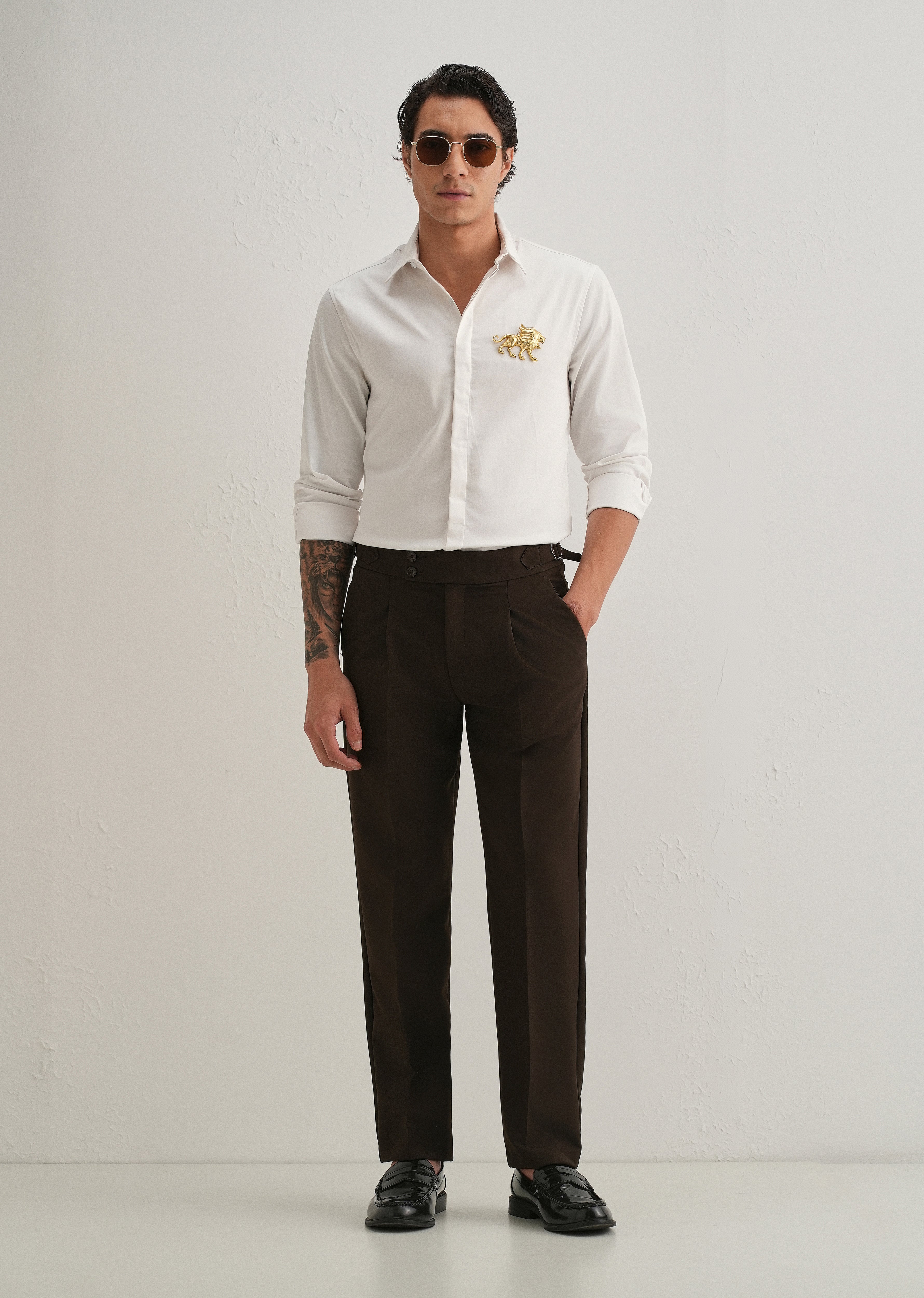 Golden Lion Brooch White Designer Shirt