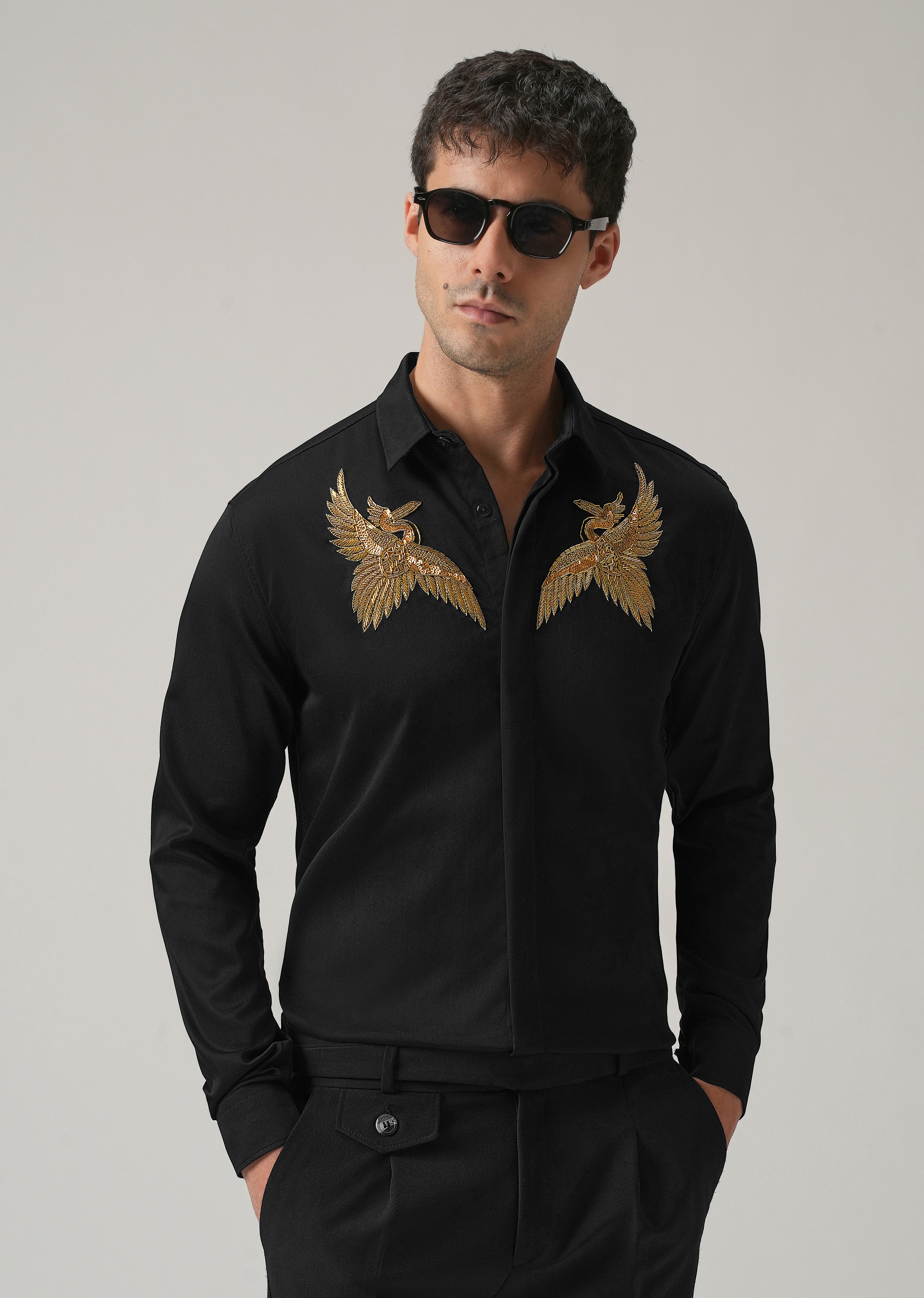 Golden Wing Handwork Black Designer Shirt