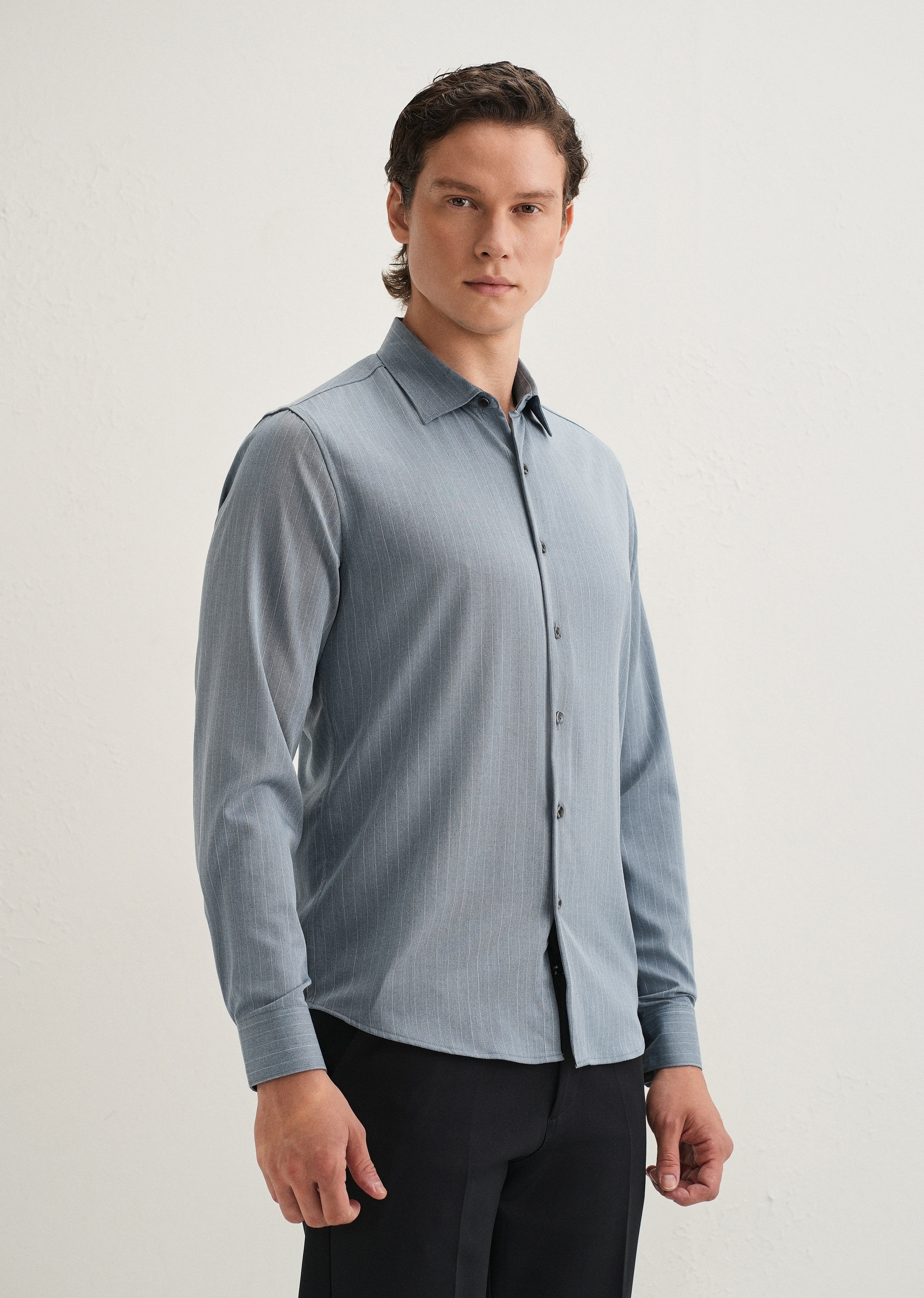 Graphite Blue Pin Striped Wrinkle Free Shirt