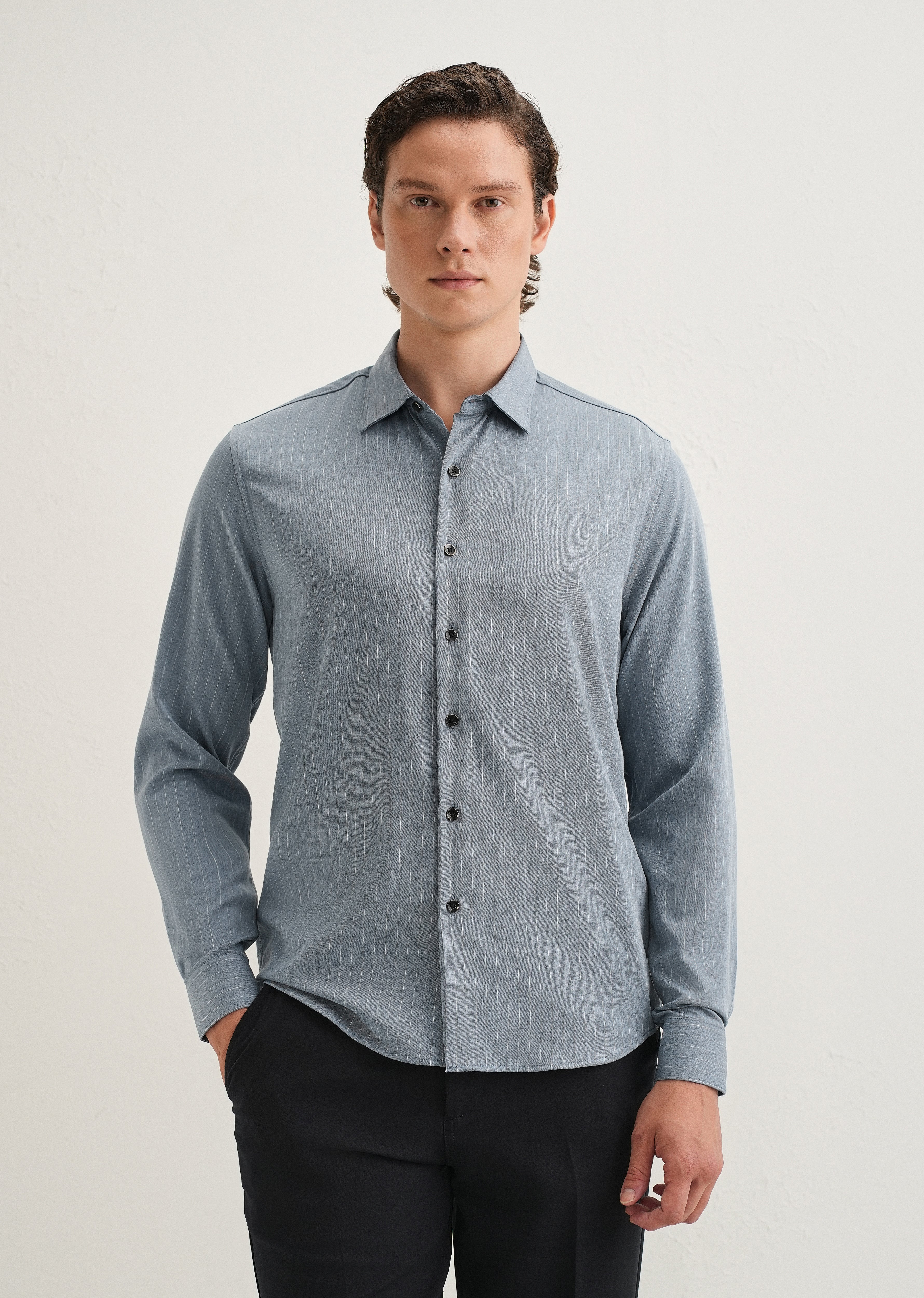 Graphite Blue Pin Striped Wrinkle Free Shirt