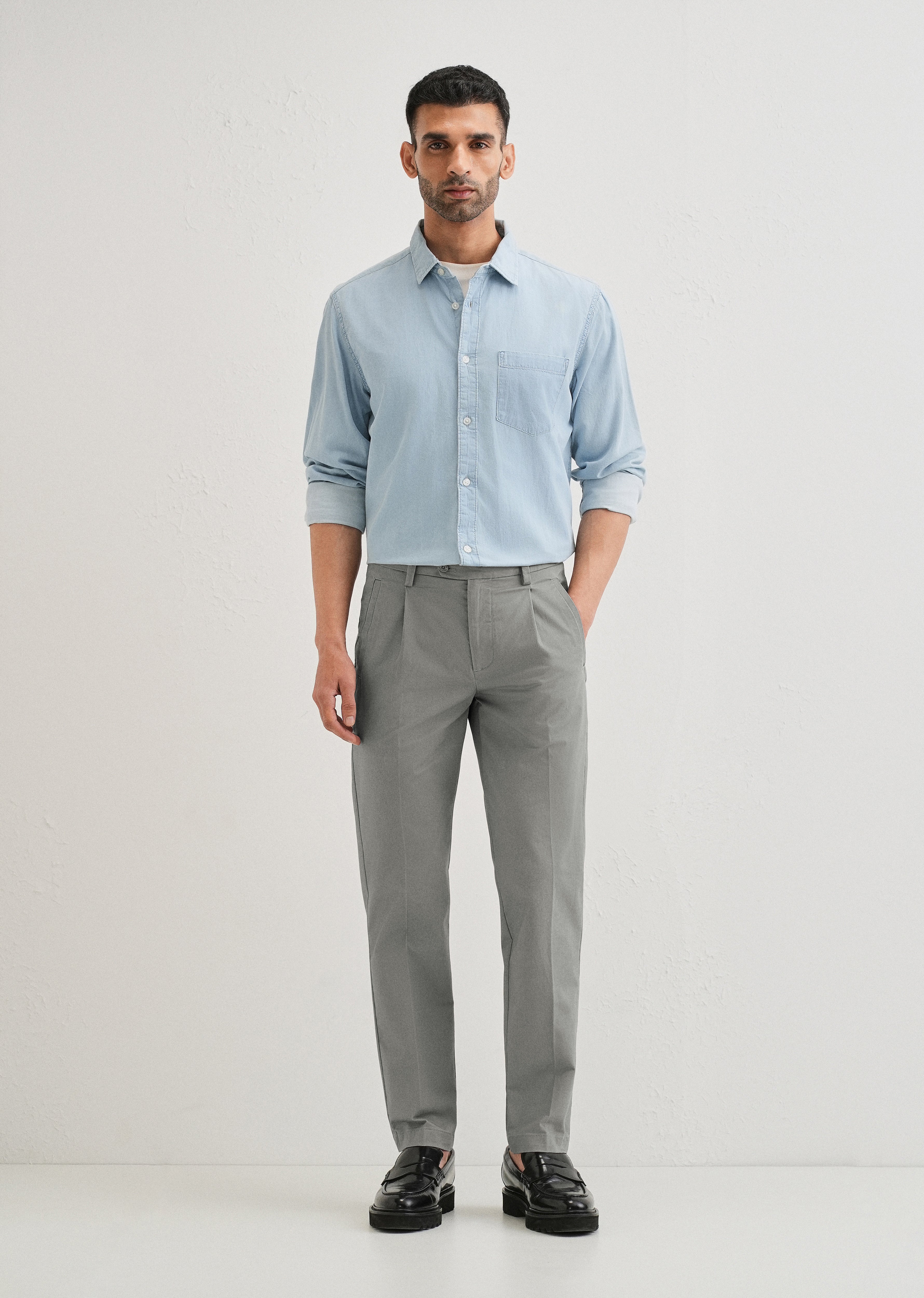 Graphite Grey Plain Pleated Chinos