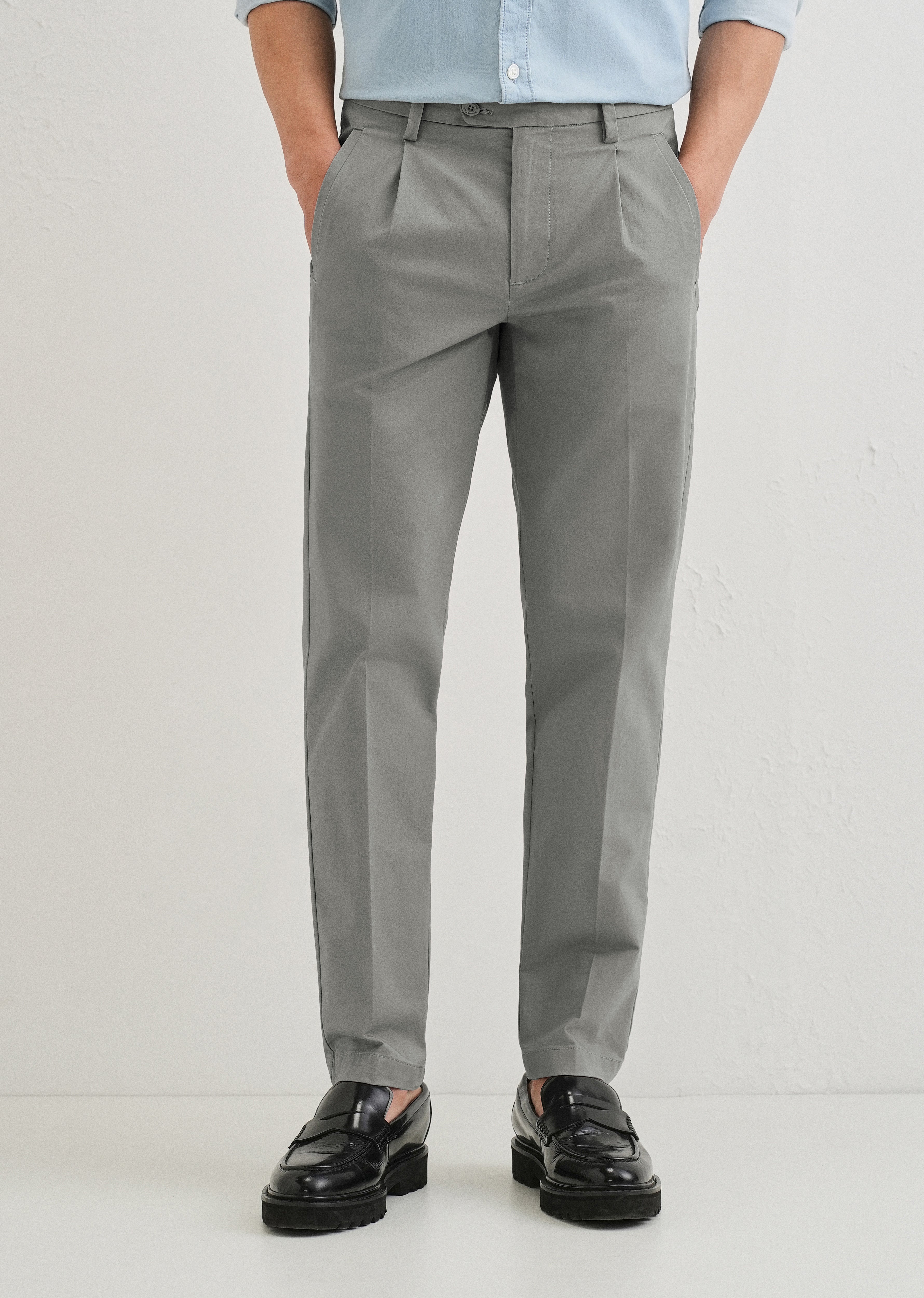 Graphite Grey Plain Pleated Chinos