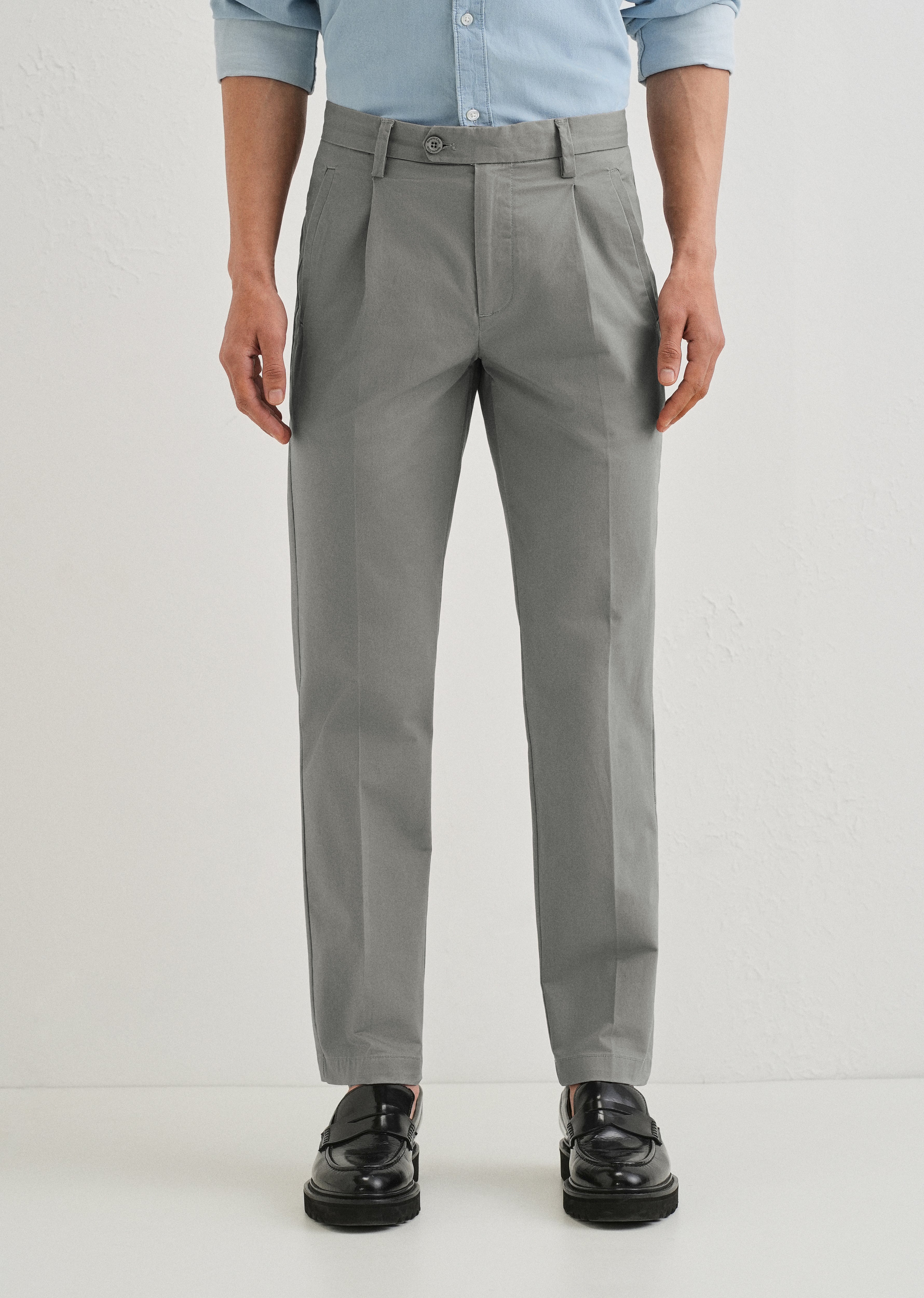 Graphite Grey Plain Pleated Chinos