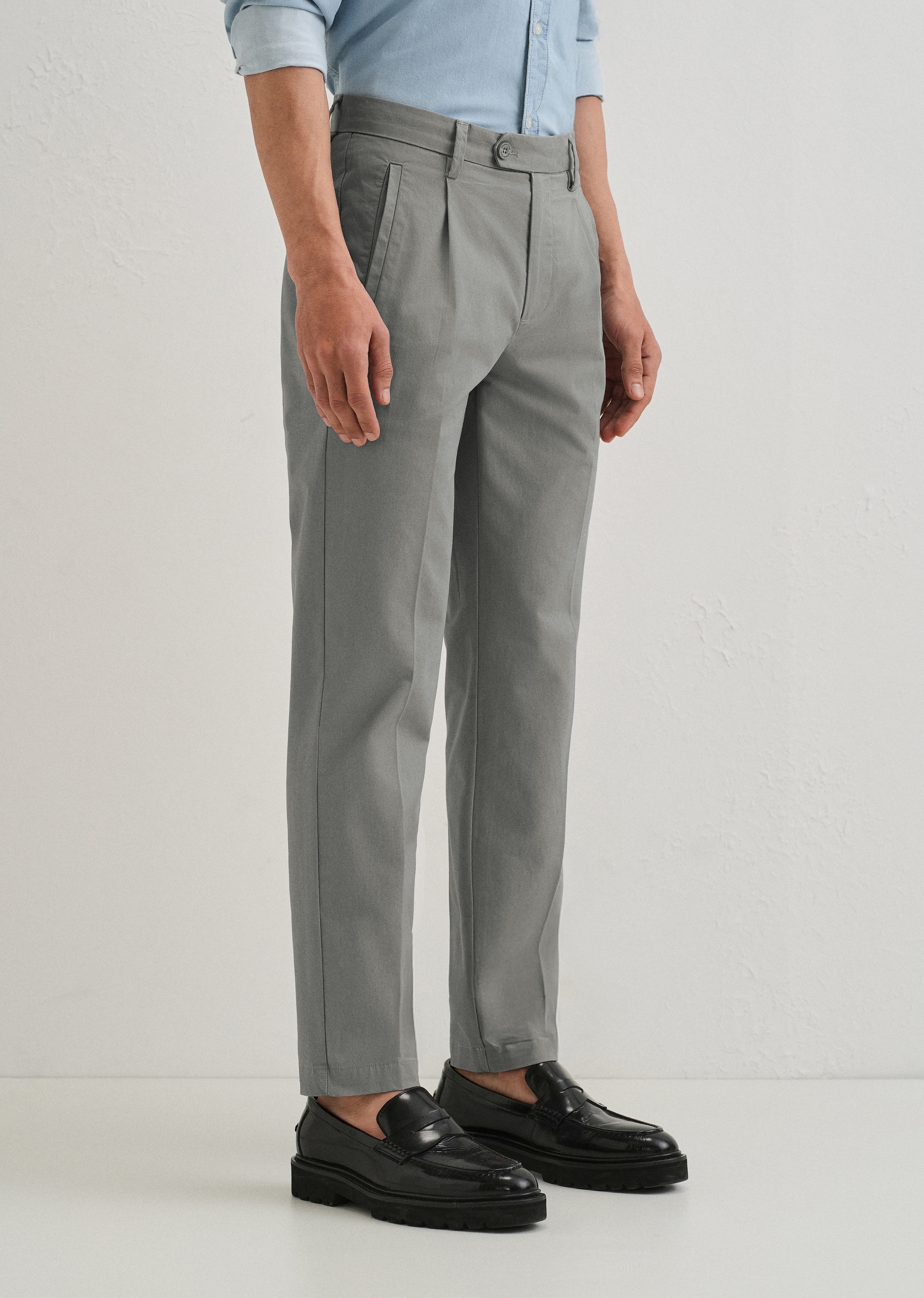 Graphite Grey Plain Pleated Chinos