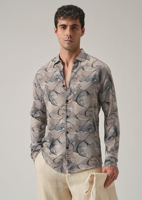 Gray Blue Lines Print Feather Shirt