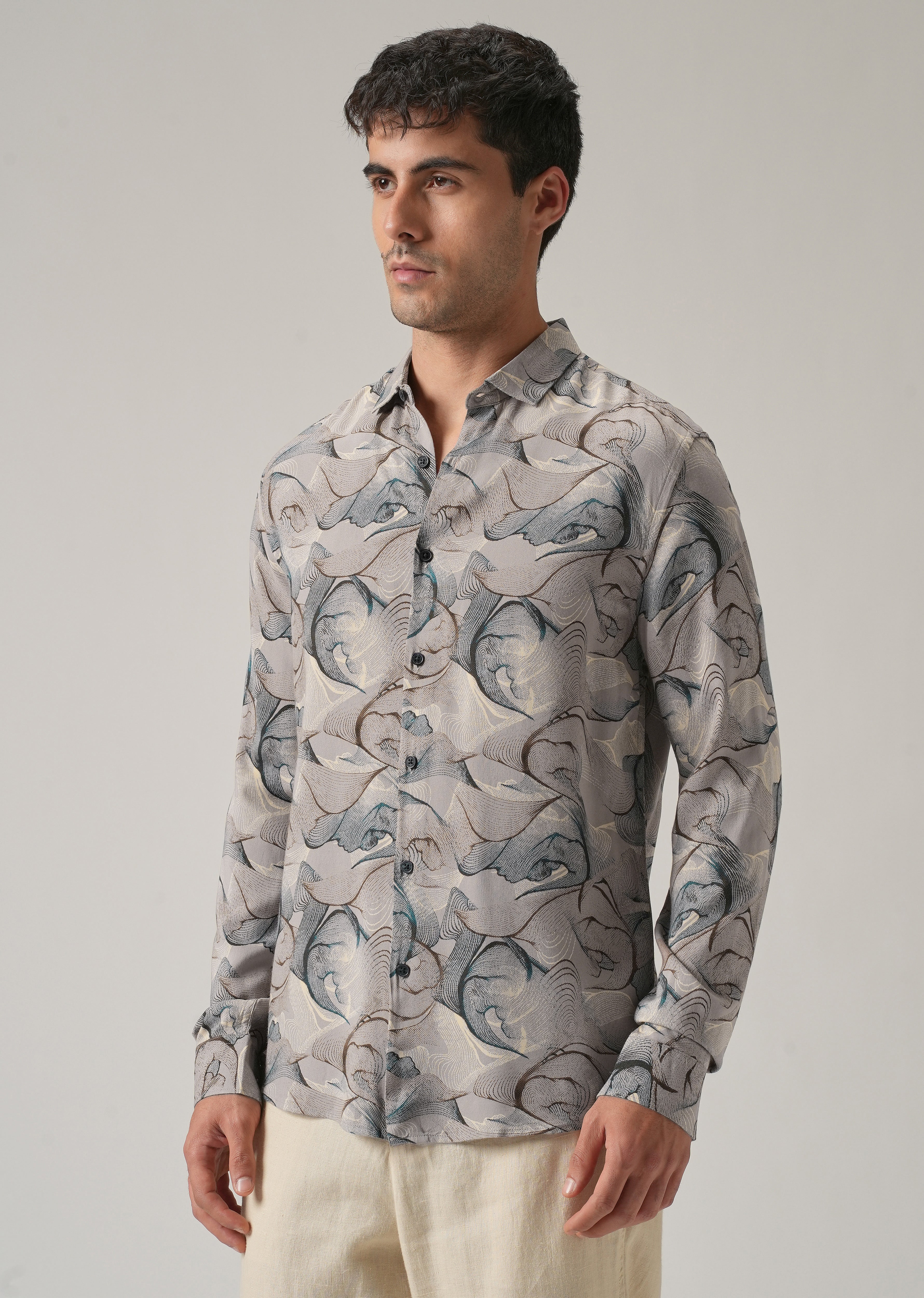 Gray Blue Lines Print Feather Shirt