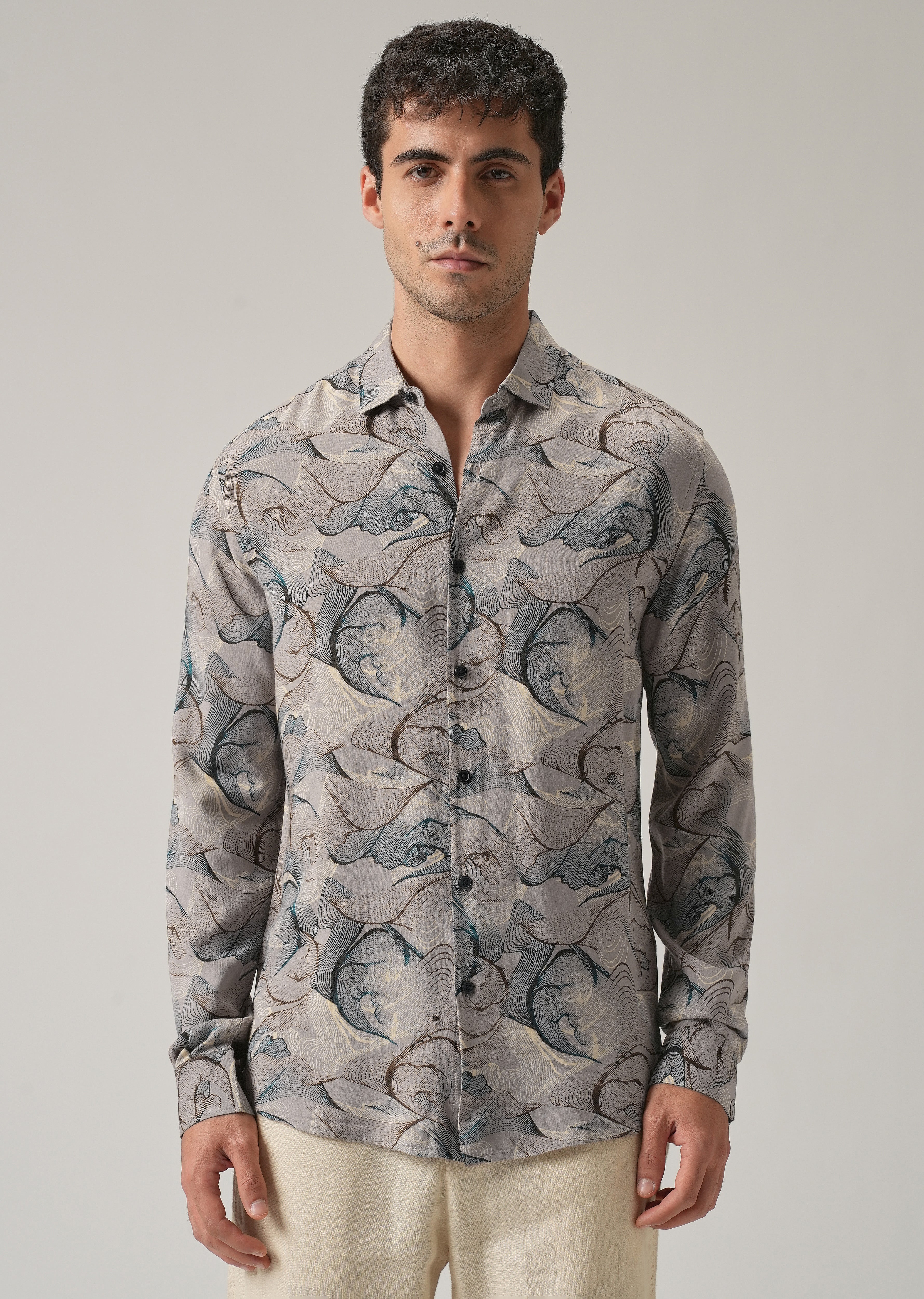 Gray Blue Lines Print Feather Shirt