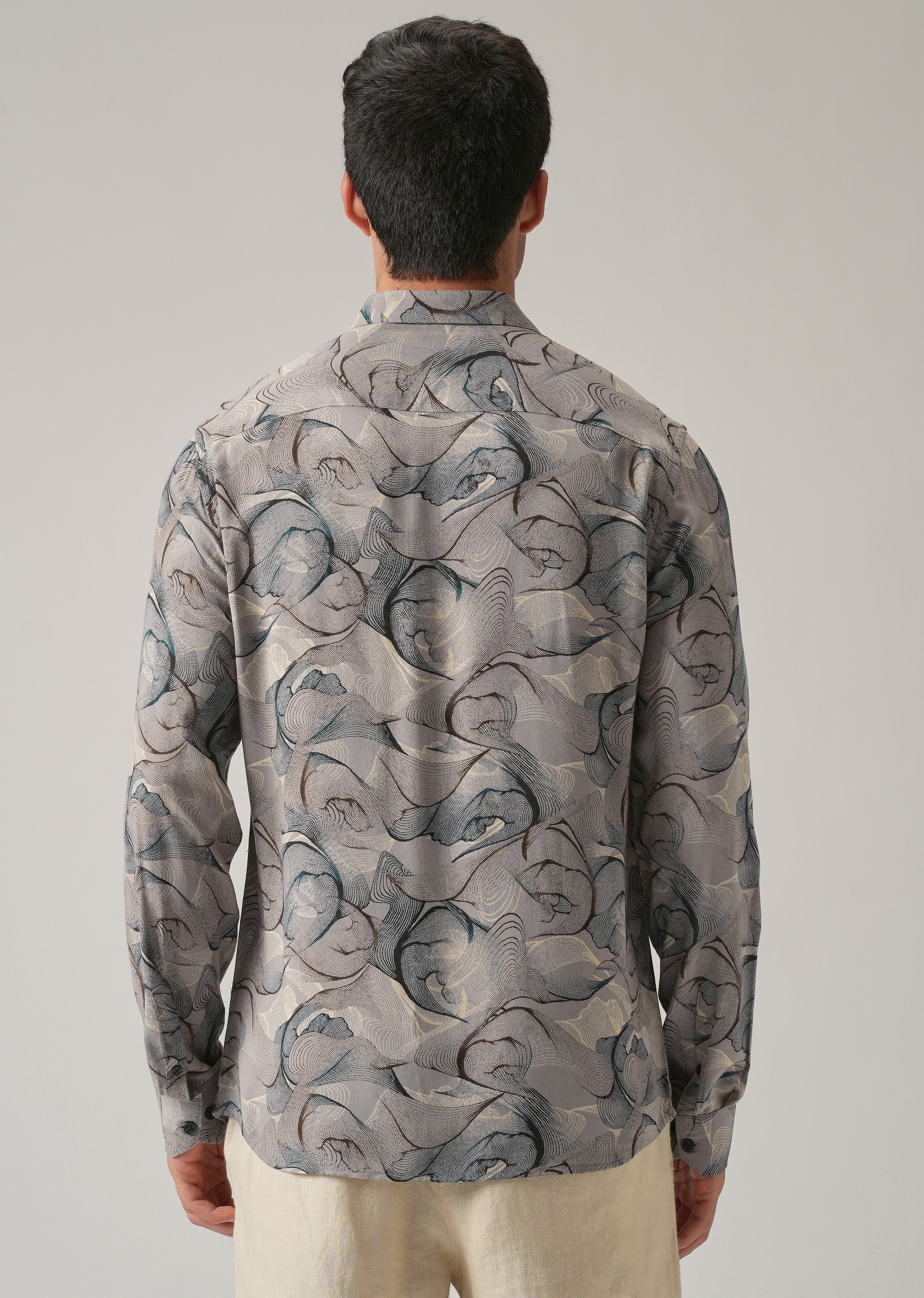 Gray Blue Lines Print Feather Shirt