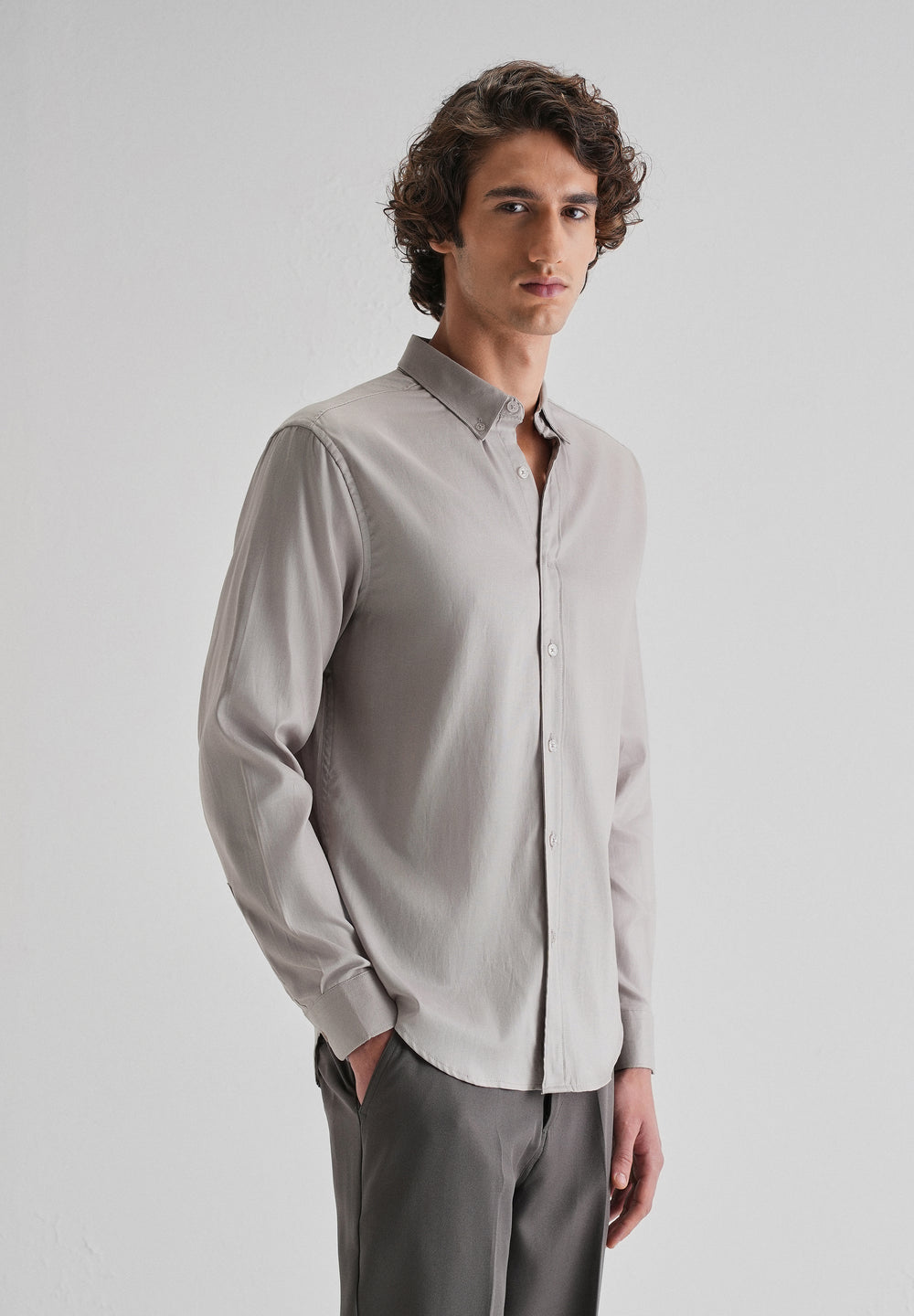 Gray Plain Blended Cotton Regular Fit Shirt
