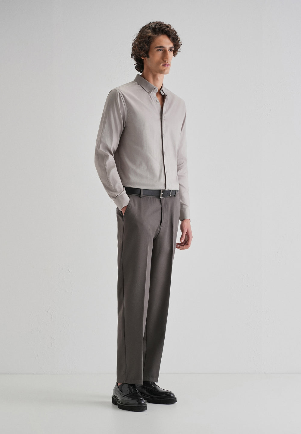 Gray Plain Blended Cotton Regular Fit Shirt