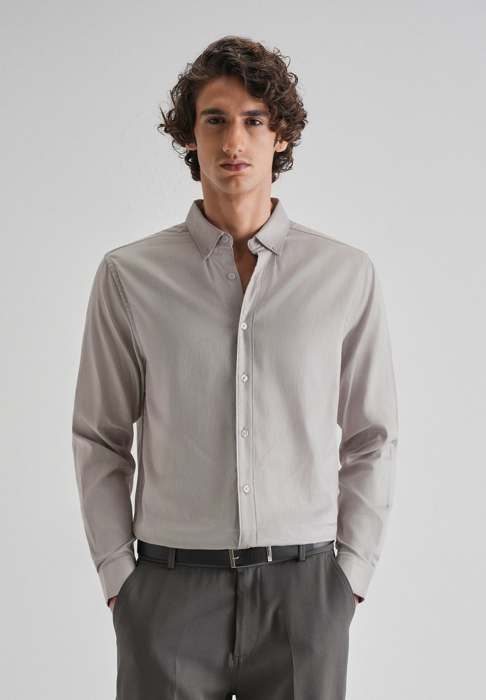Gray Plain Blended Cotton Regular Fit Shirt