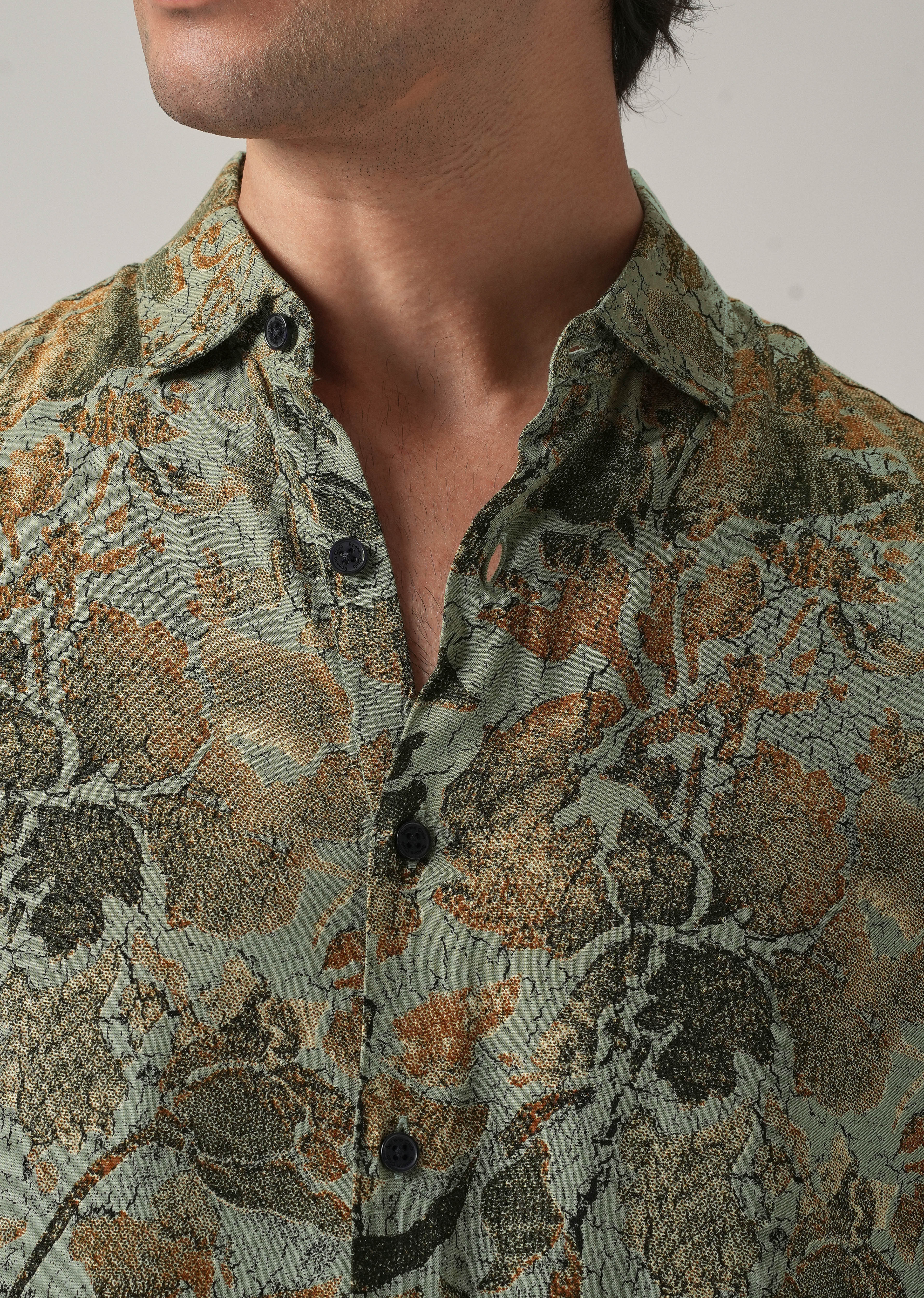 Green Abstract Distress Print Feather Shirt