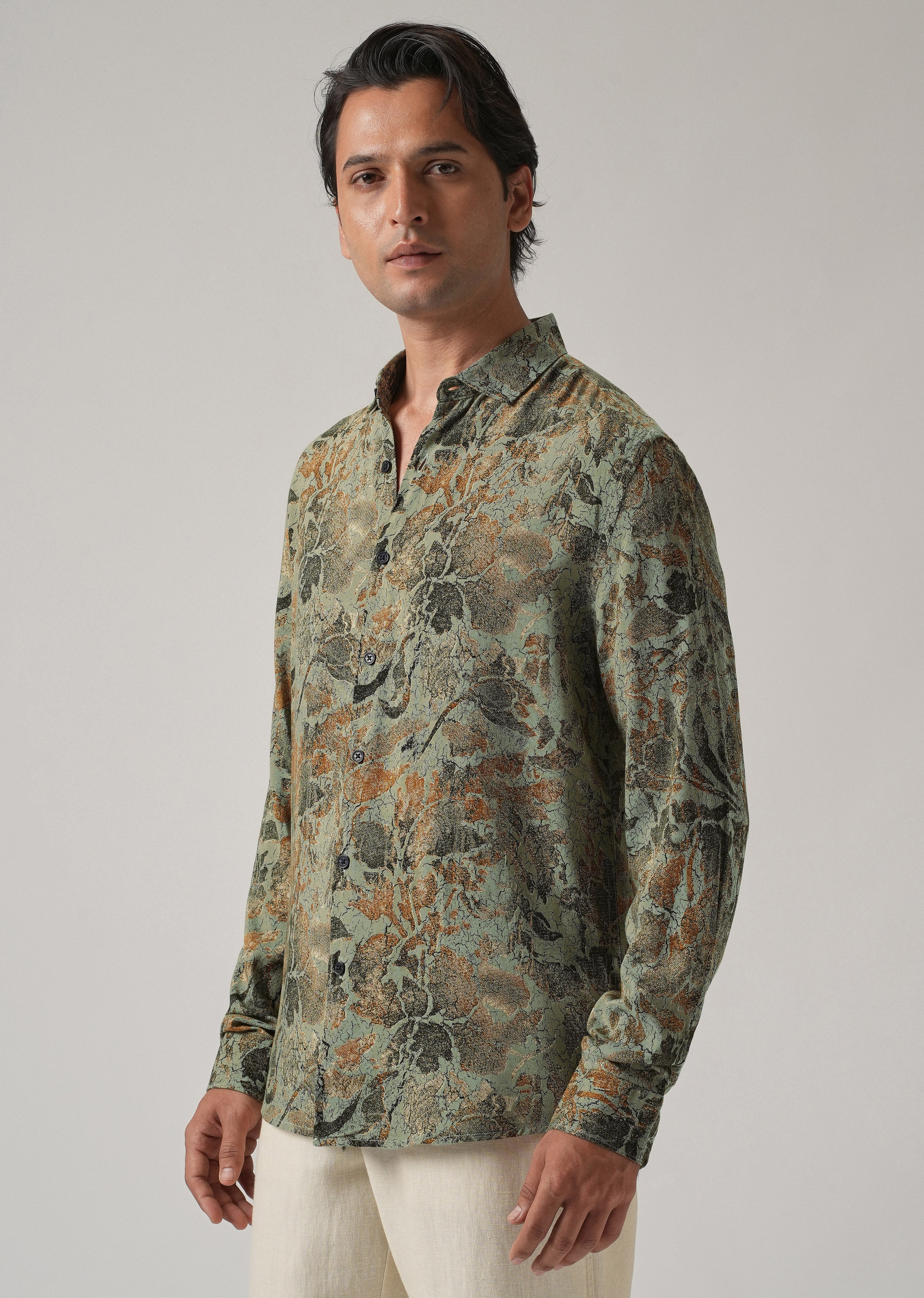 Green Abstract Distress Print Feather Shirt