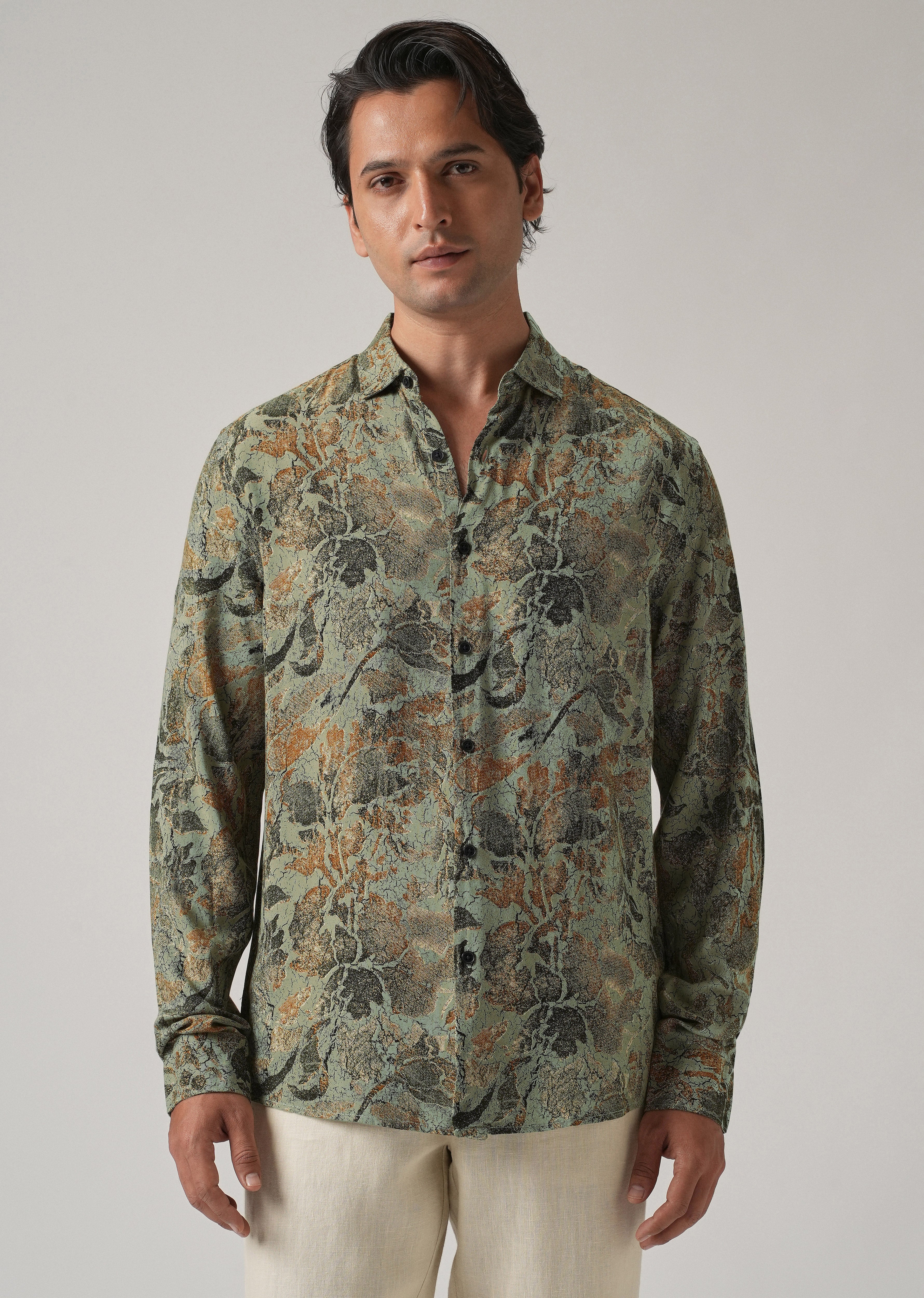 Green Abstract Distress Print Feather Shirt