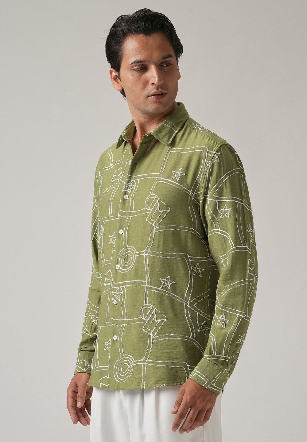 Green Abstract Embroidery Shirt