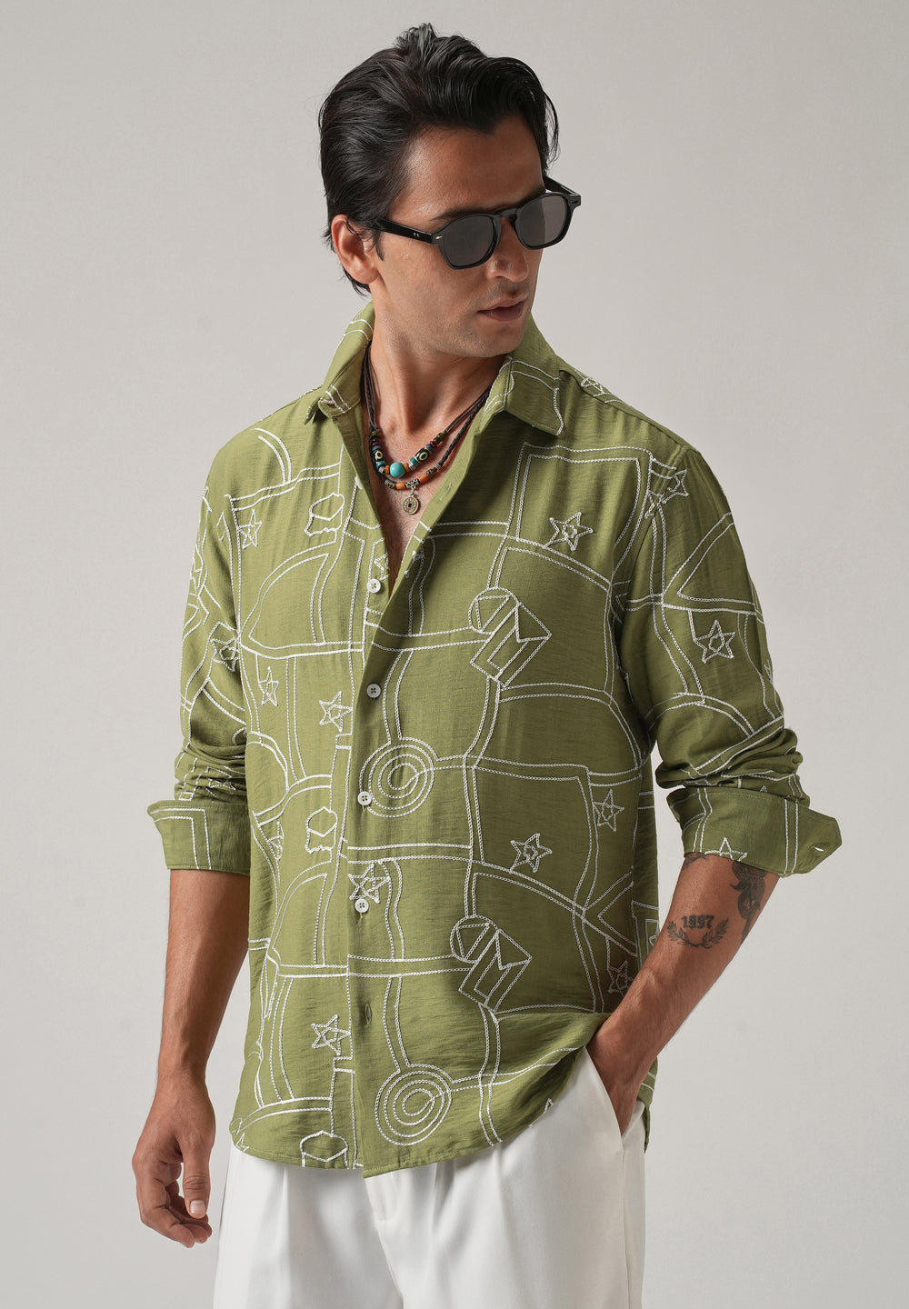 Green Abstract Embroidery Shirt
