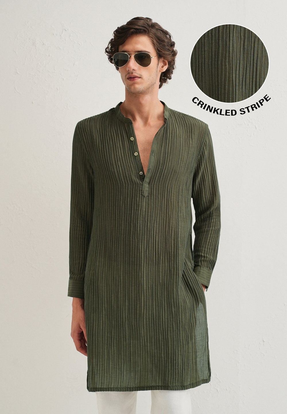 Green Crinkled Stripe Kurta