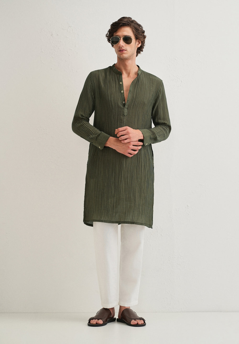 Green Crinkled Stripe Kurta