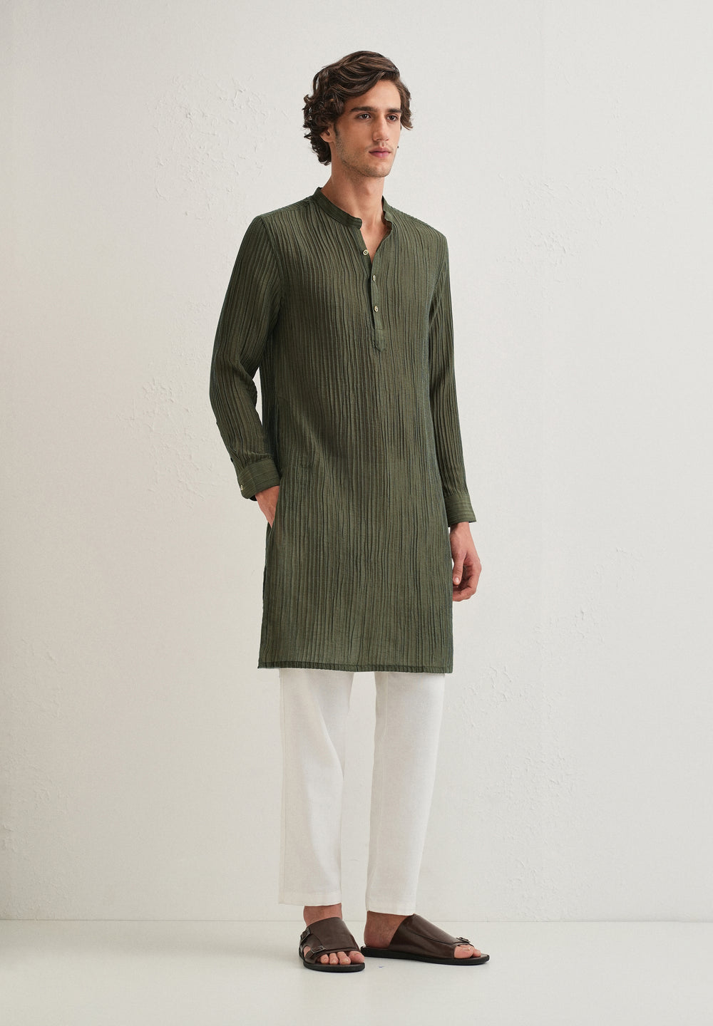 Green Crinkled Stripe Kurta