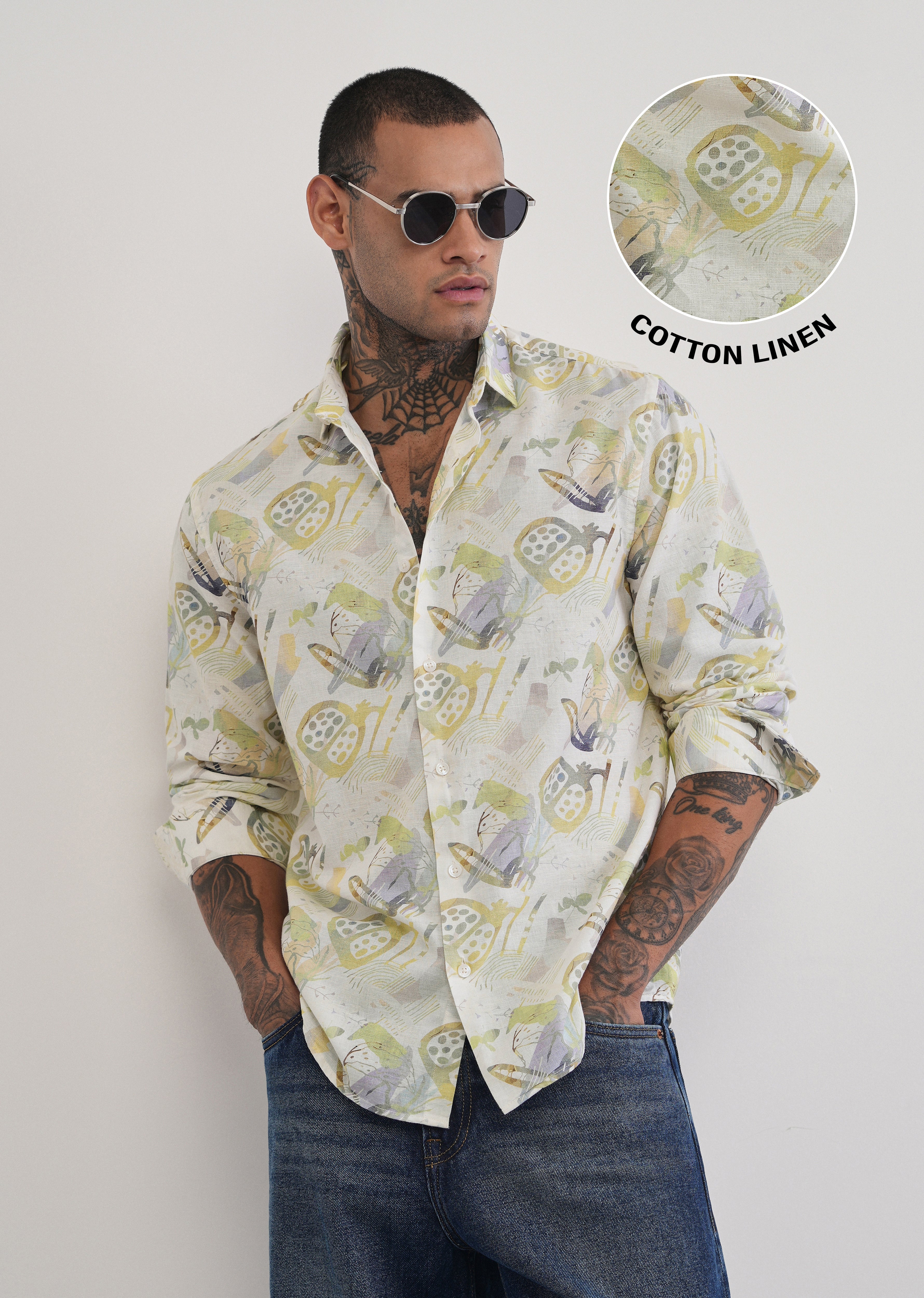 Green Artistic Print Cotton Linen Shirt