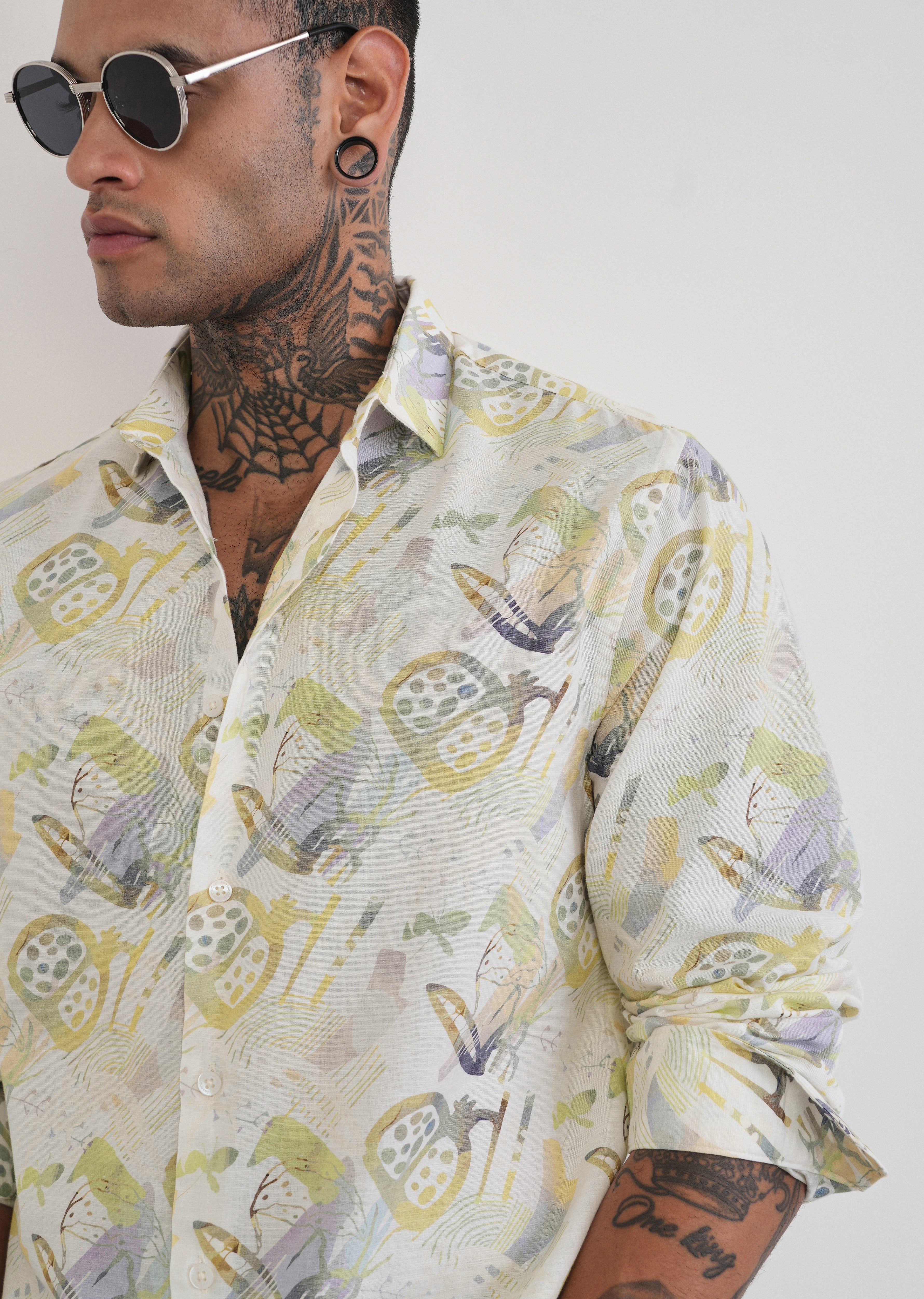 Green Artistic Print Cotton Linen Shirt