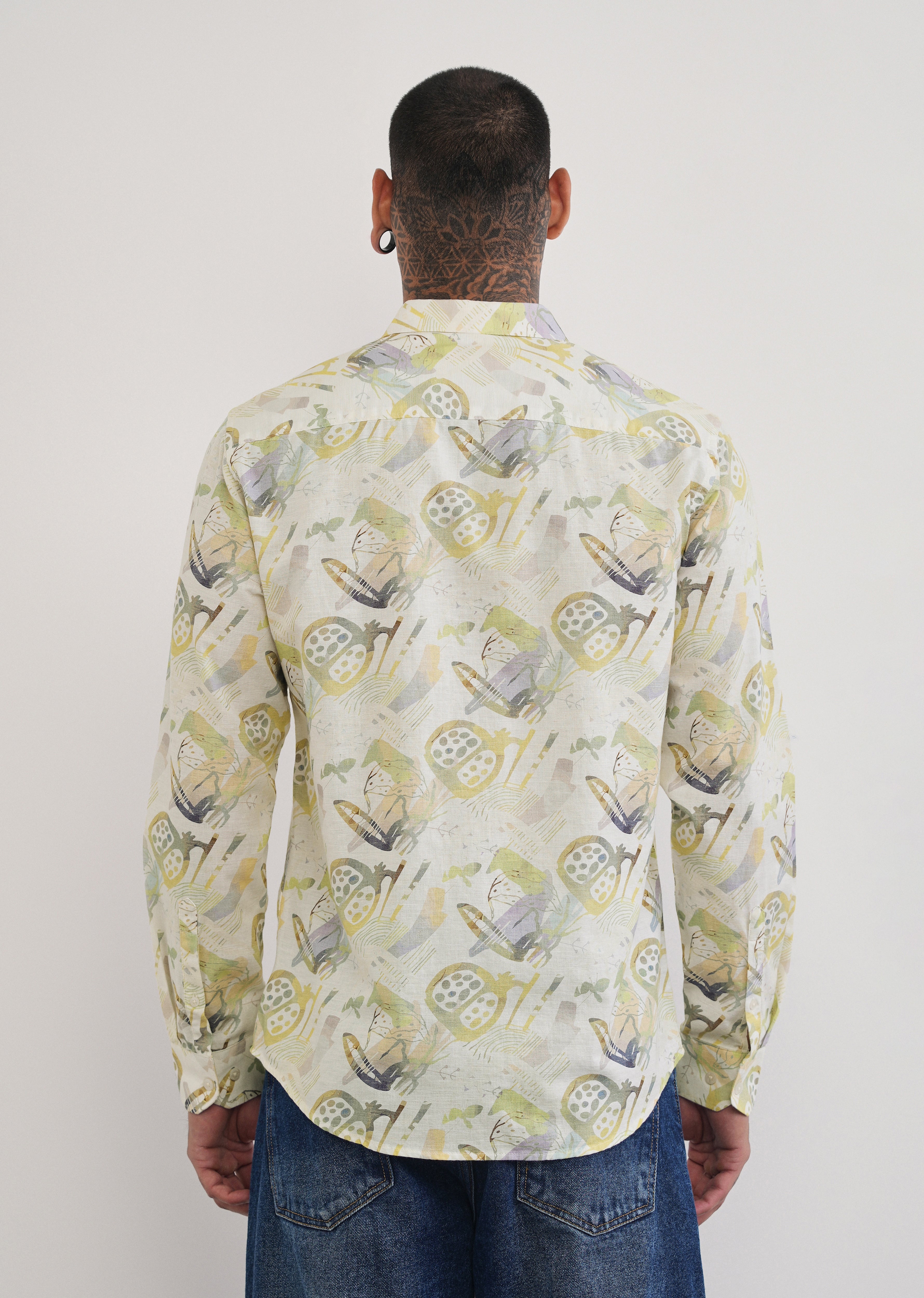 Green Artistic Print Cotton Linen Shirt