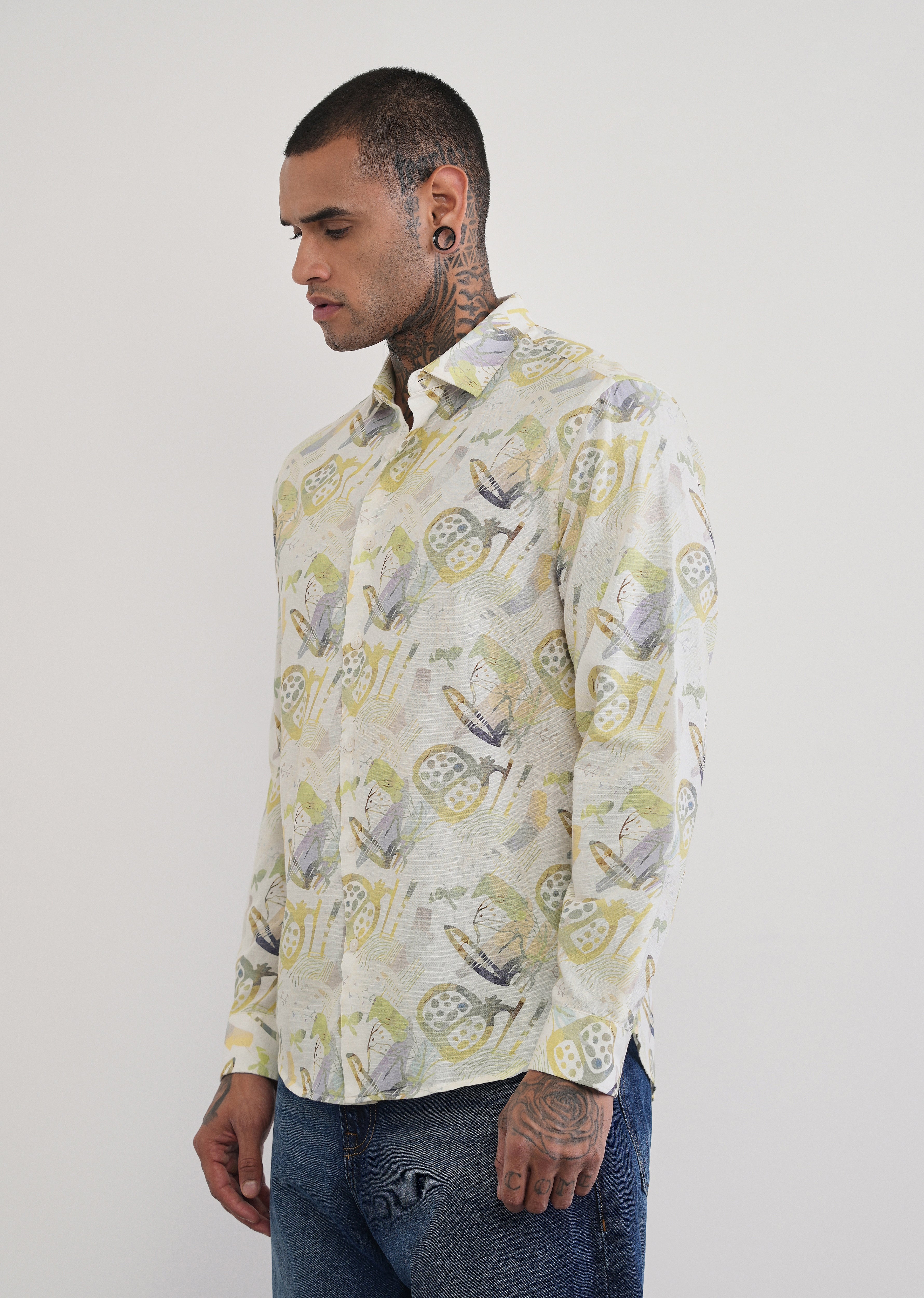 Green Artistic Print Cotton Linen Shirt