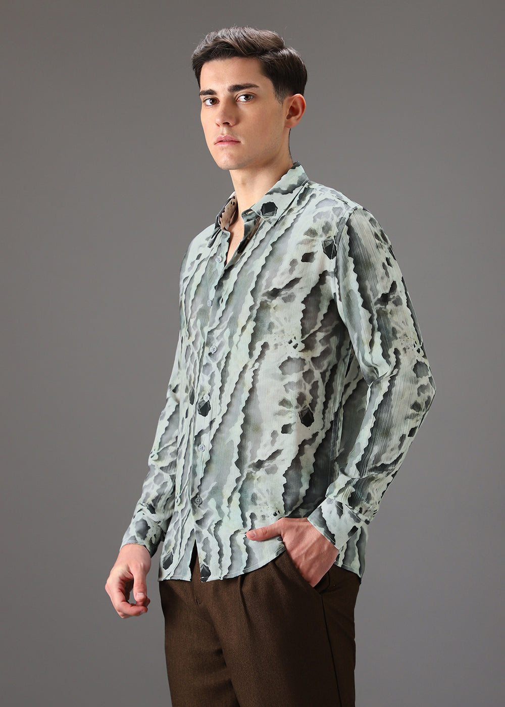 Green Beige Crushed Printed Shirt