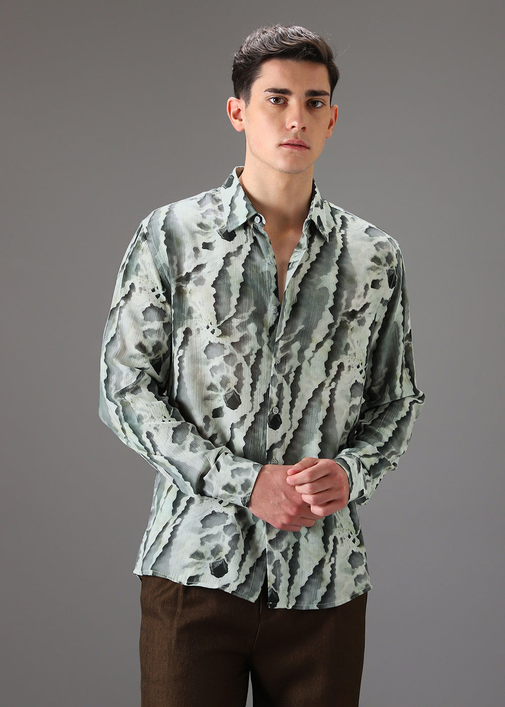 Green Beige Crushed Printed Shirt