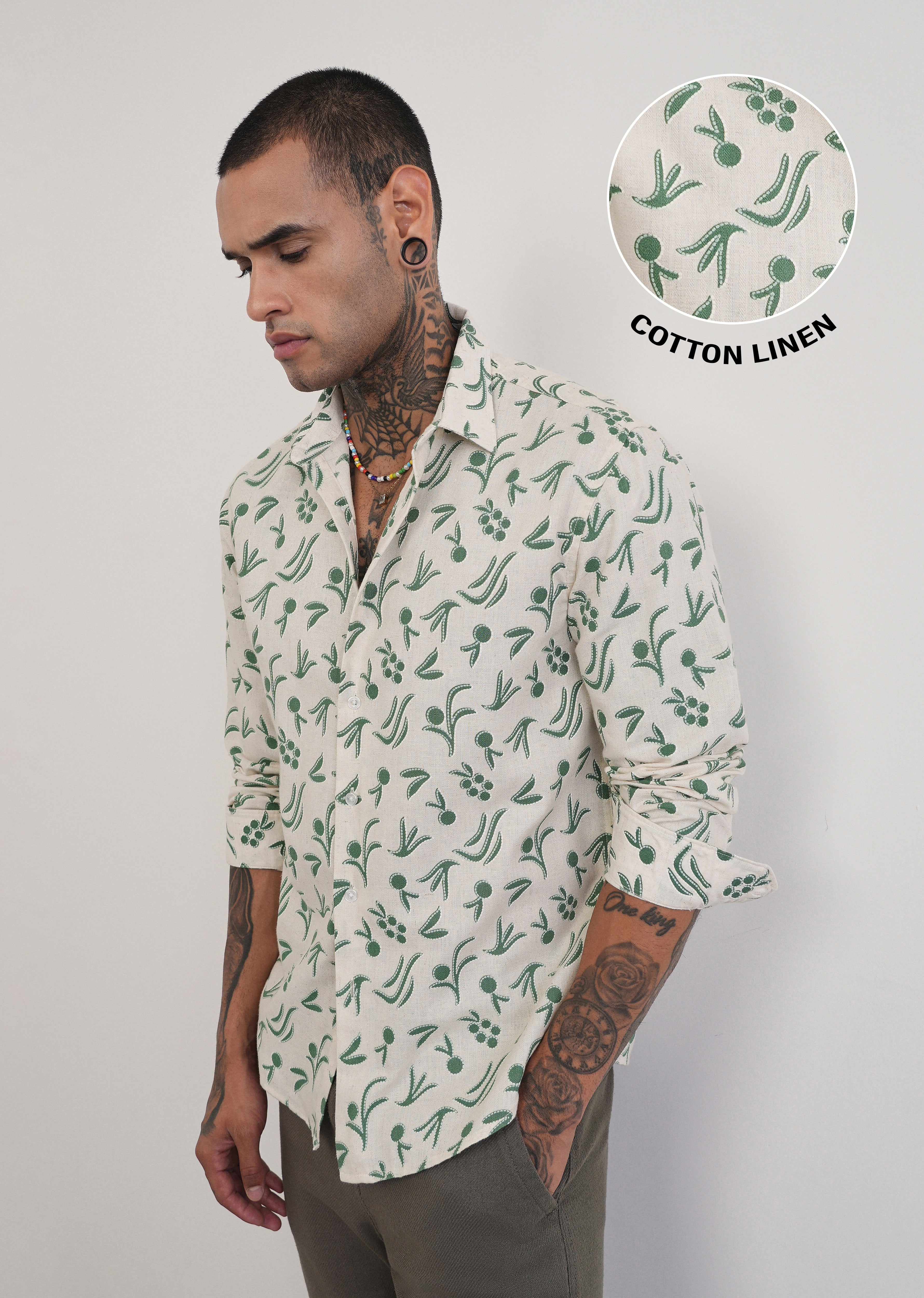 Green Blended Linen Printed Shirt
