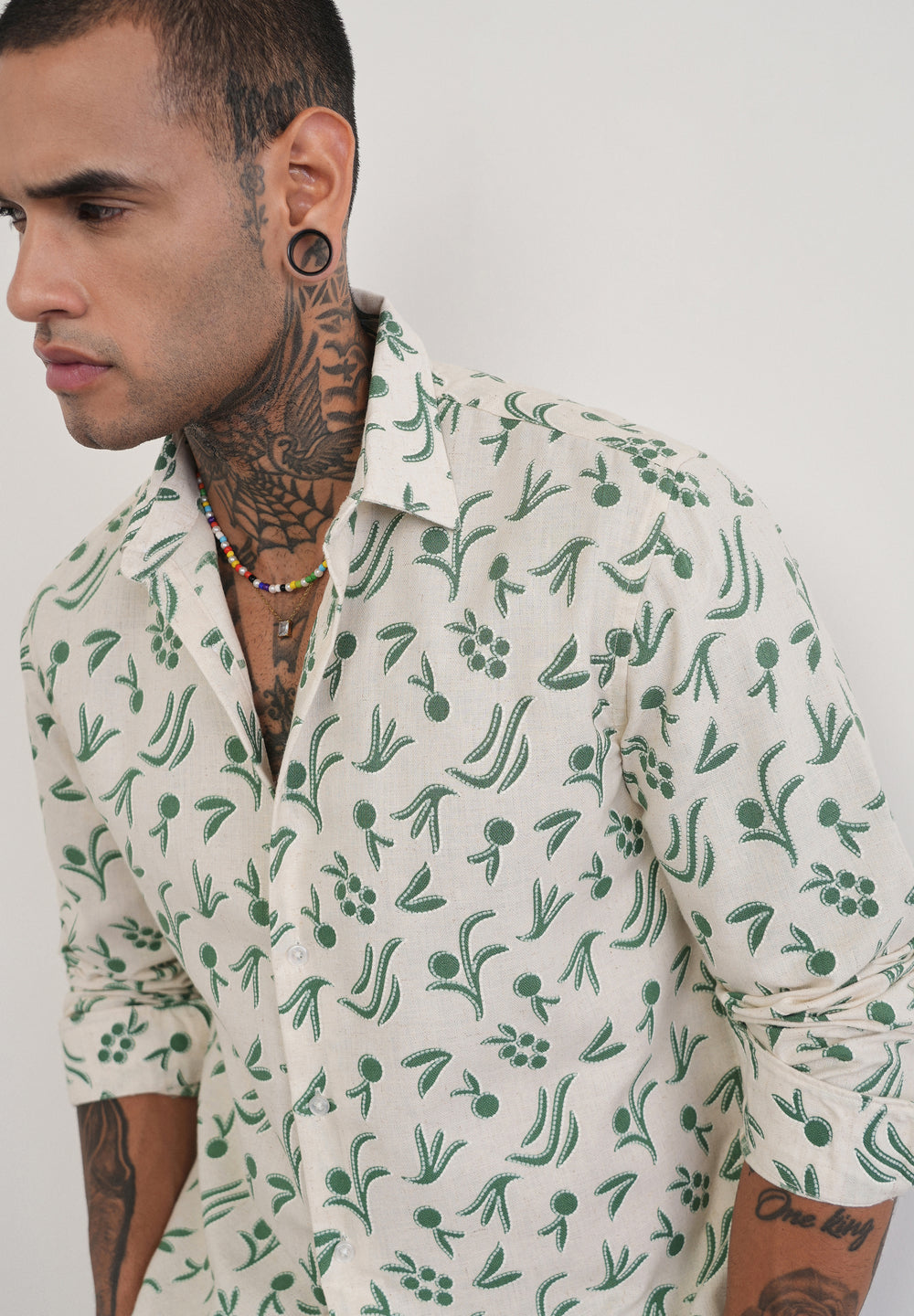 Green Blended Linen Printed Shirt