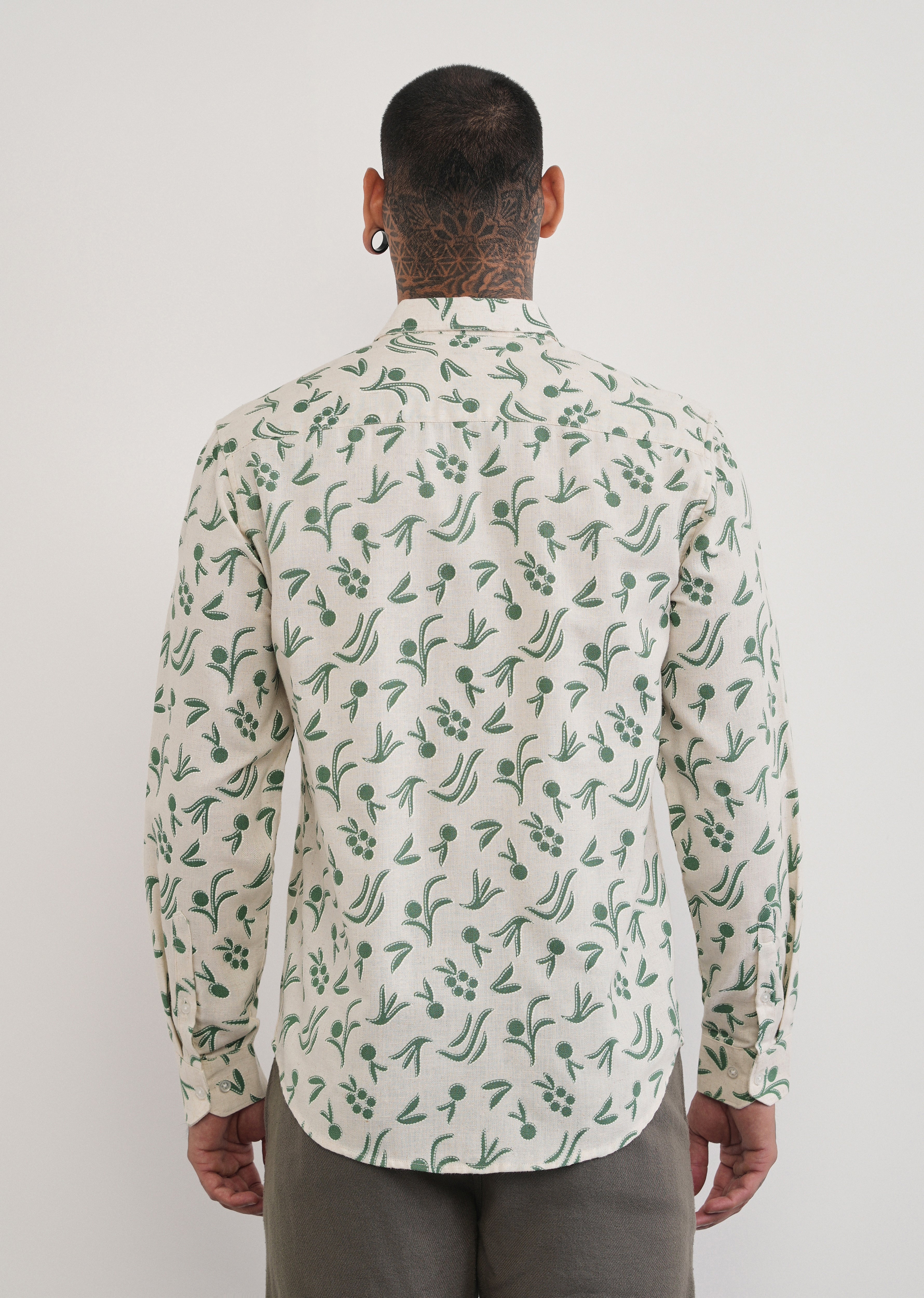 Green Blended Linen Printed Shirt
