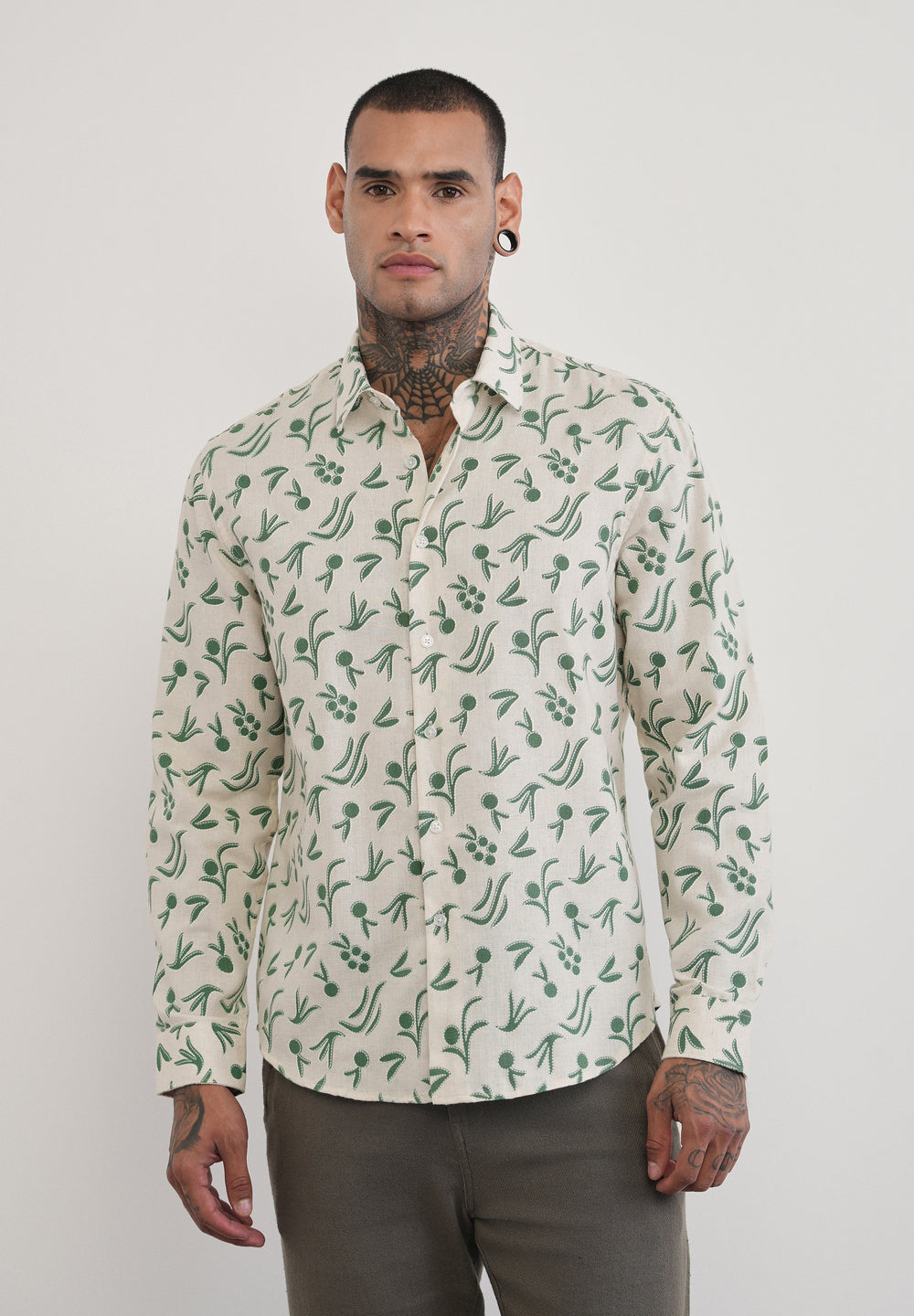 Green Blended Linen Printed Shirt