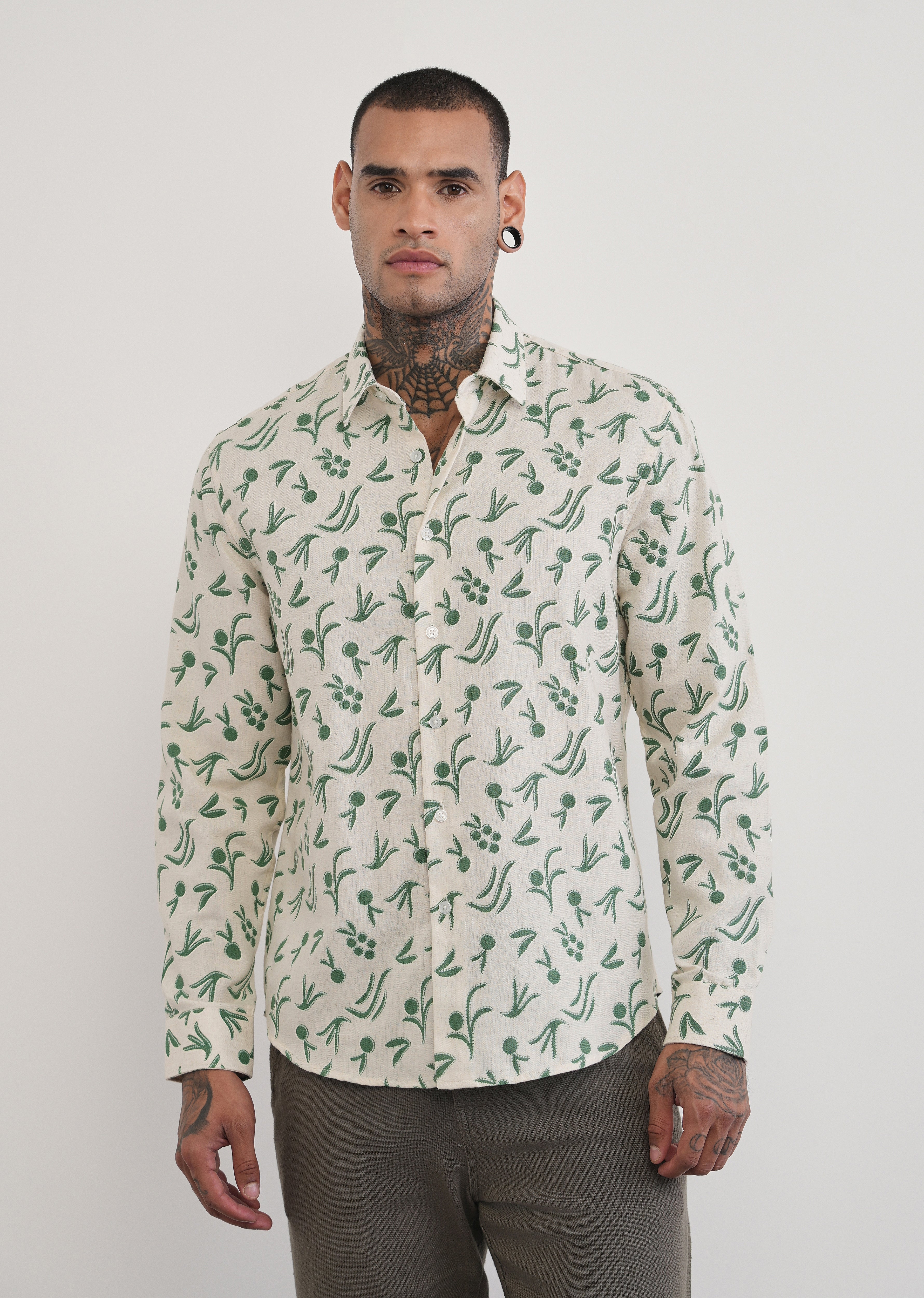 Green Blended Linen Printed Shirt