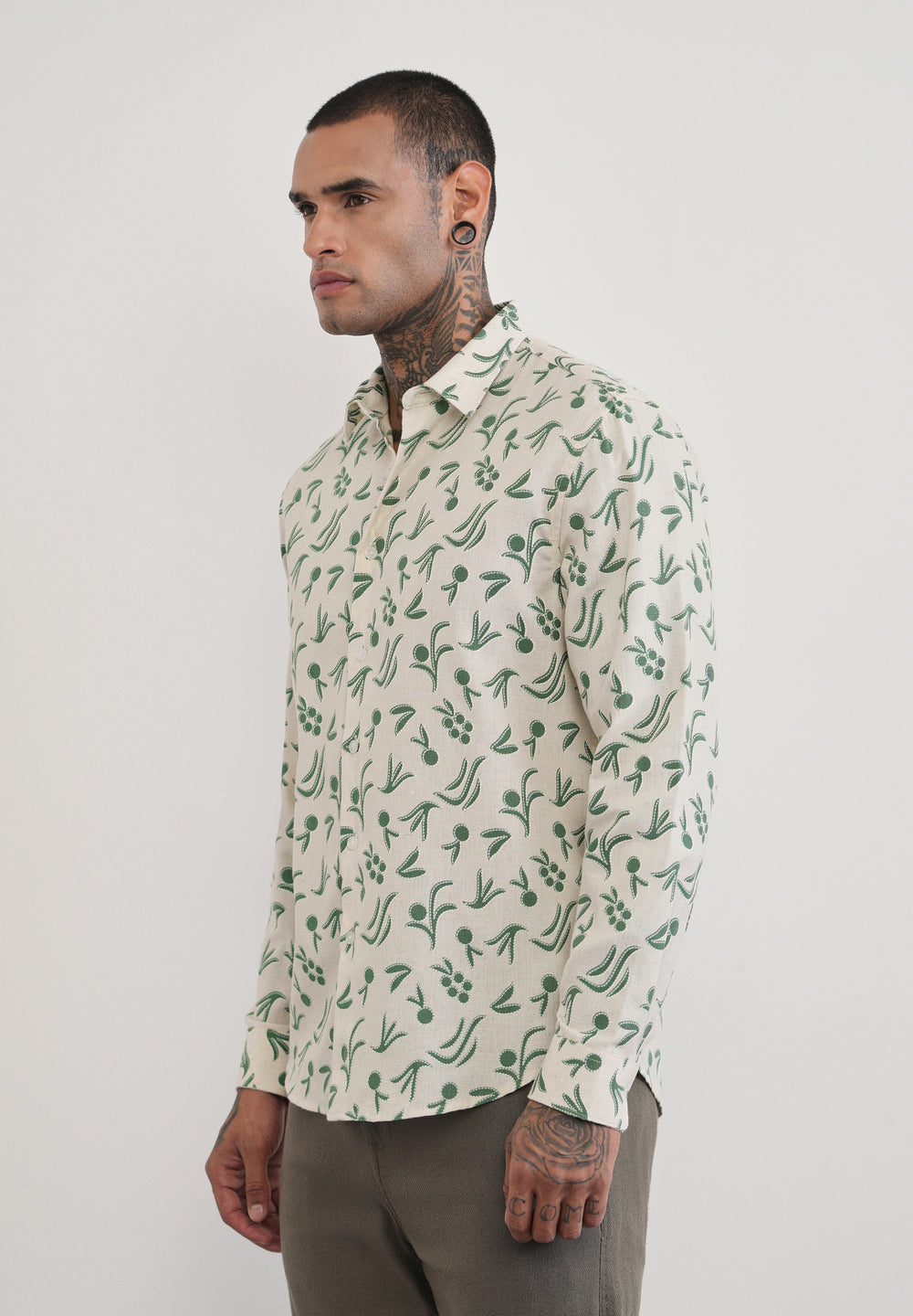 Green Blended Linen Printed Shirt