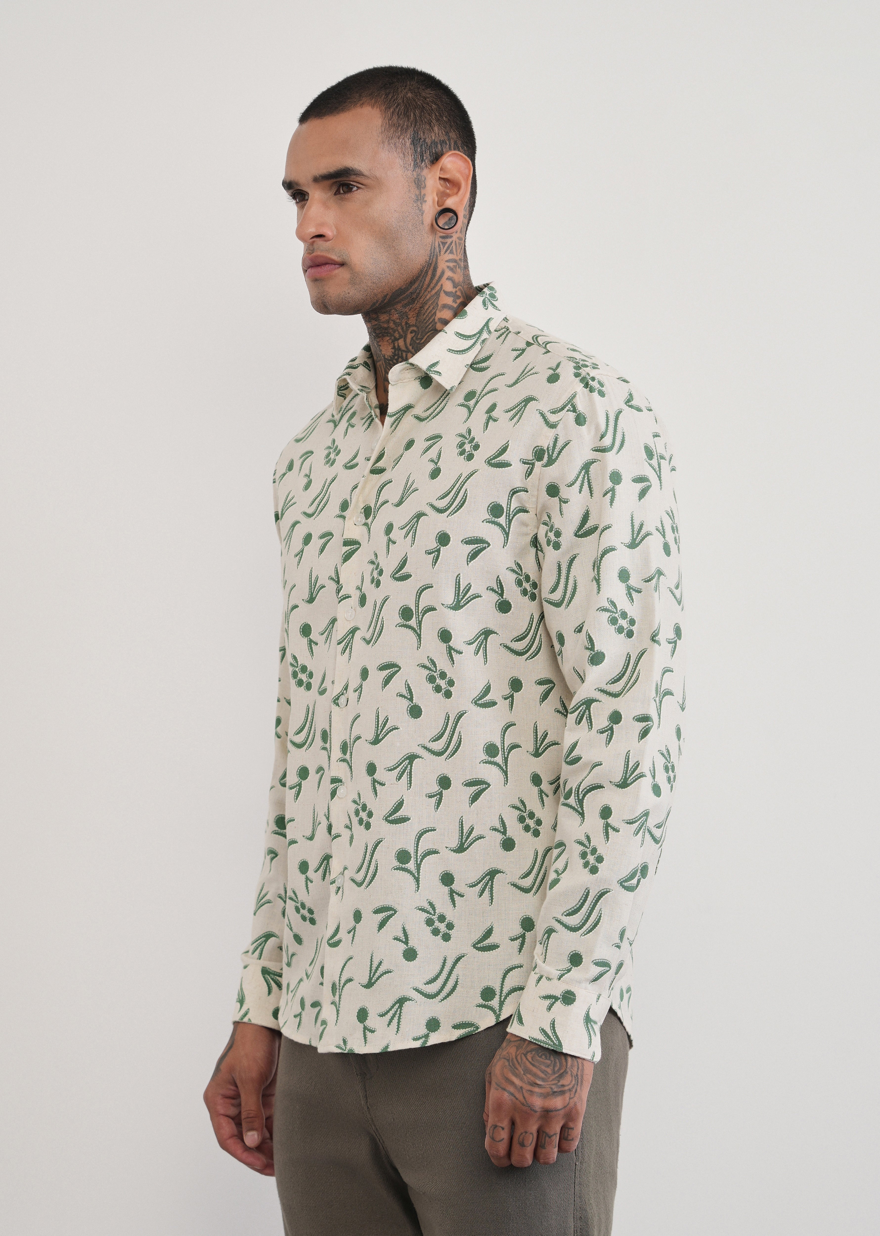 Green Blended Linen Printed Shirt
