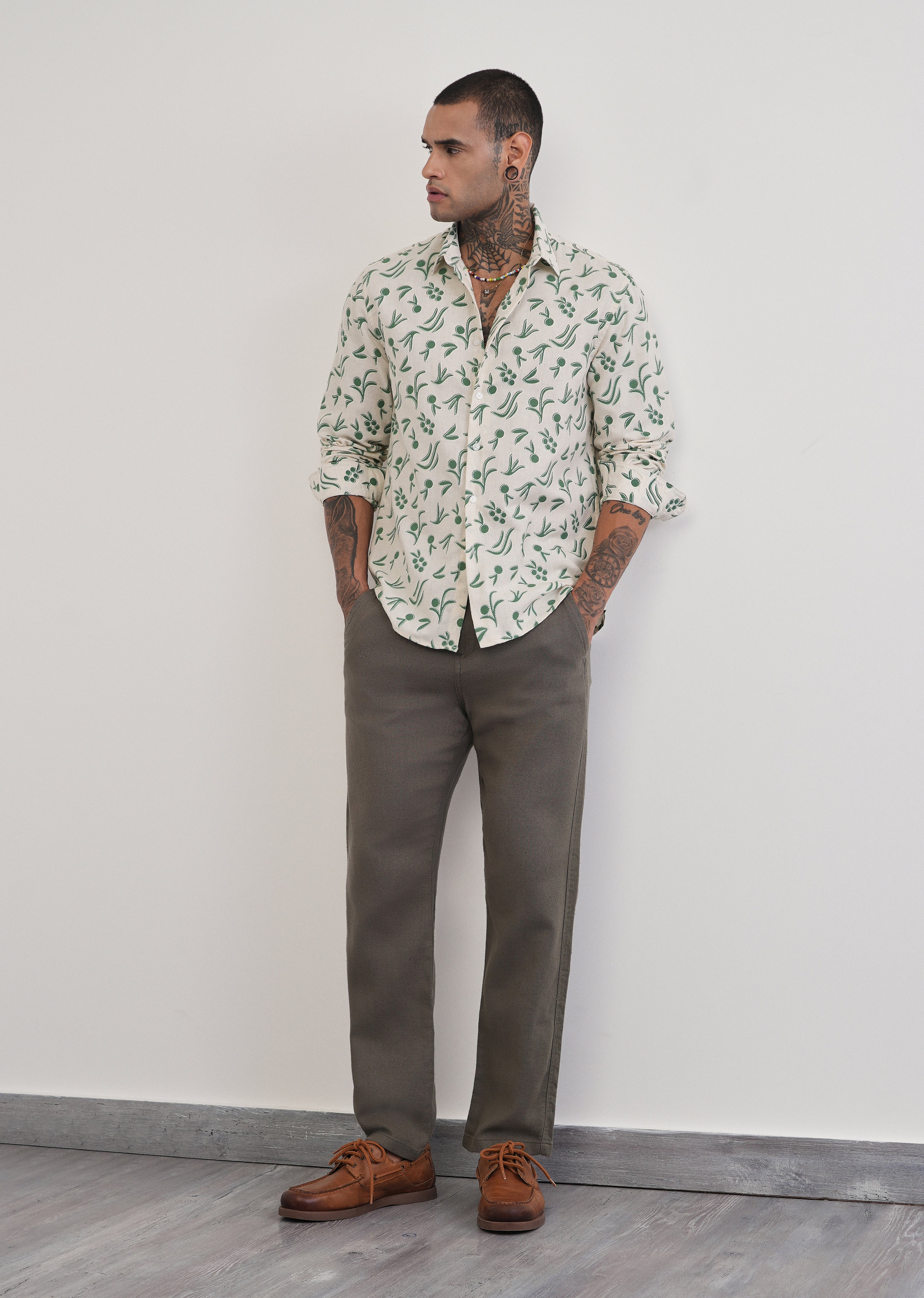 Green Blended Linen Printed Shirt