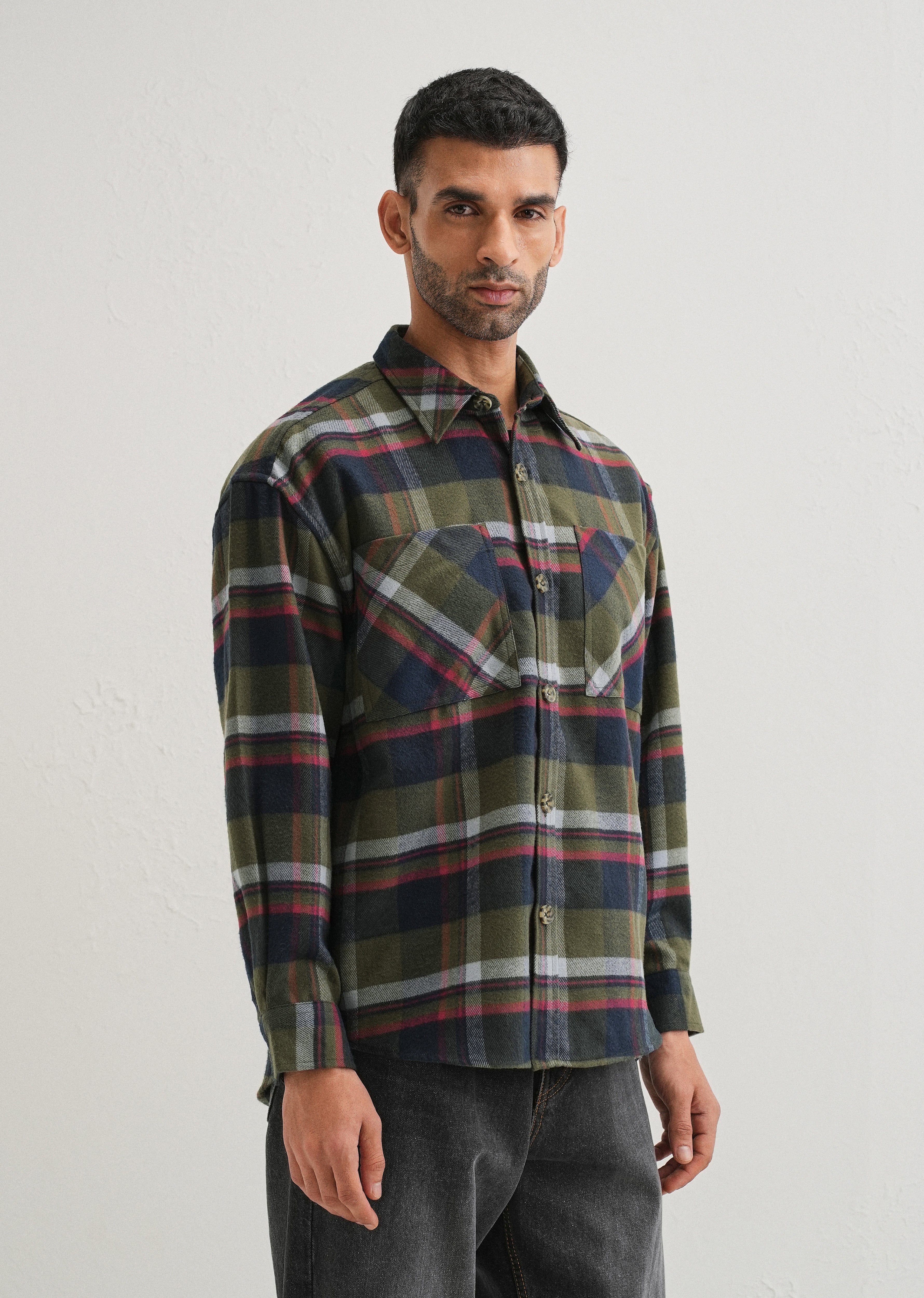 Green Checked Relaxed Fit Shacket
