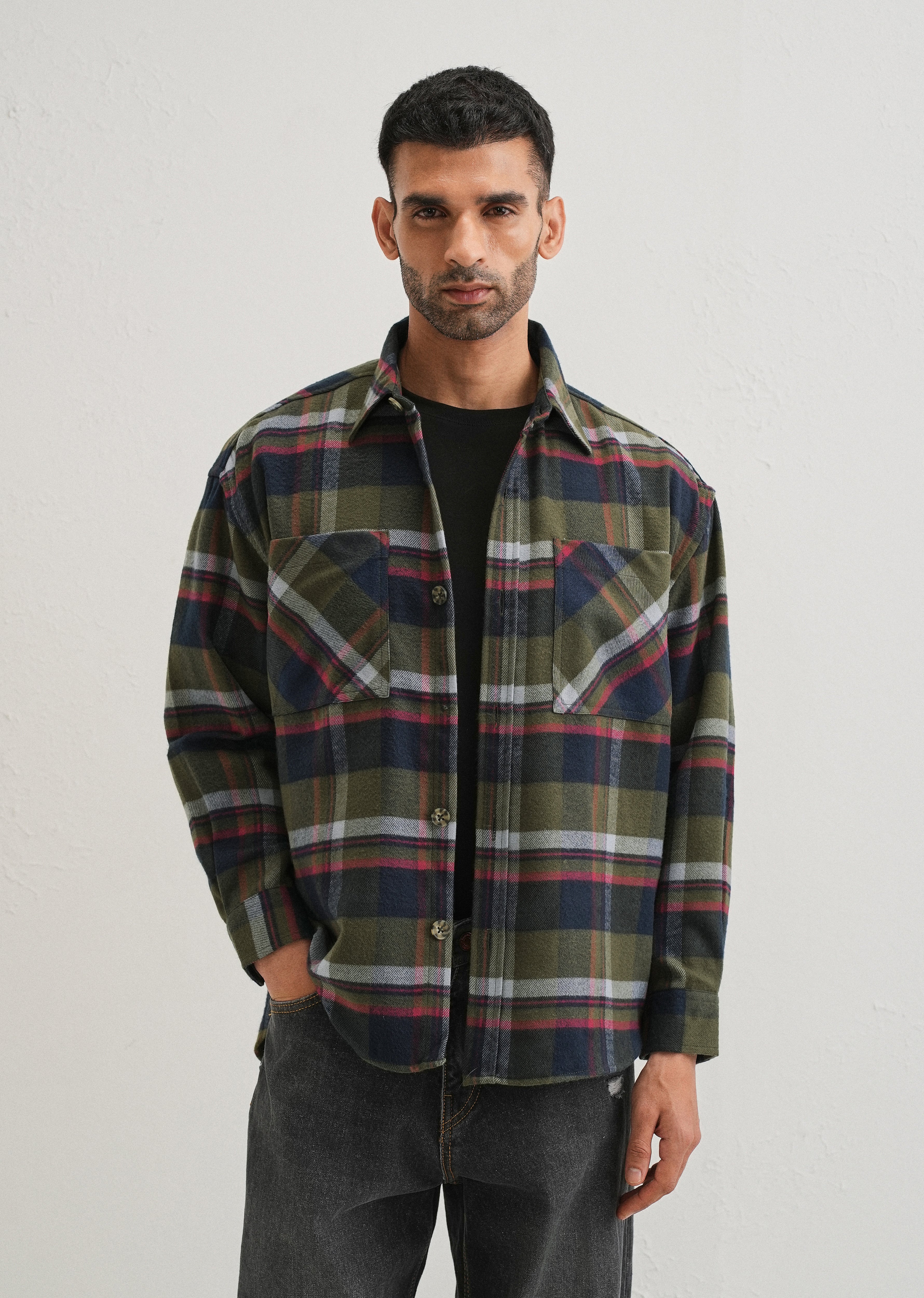 Green Checked Relaxed Fit Shacket