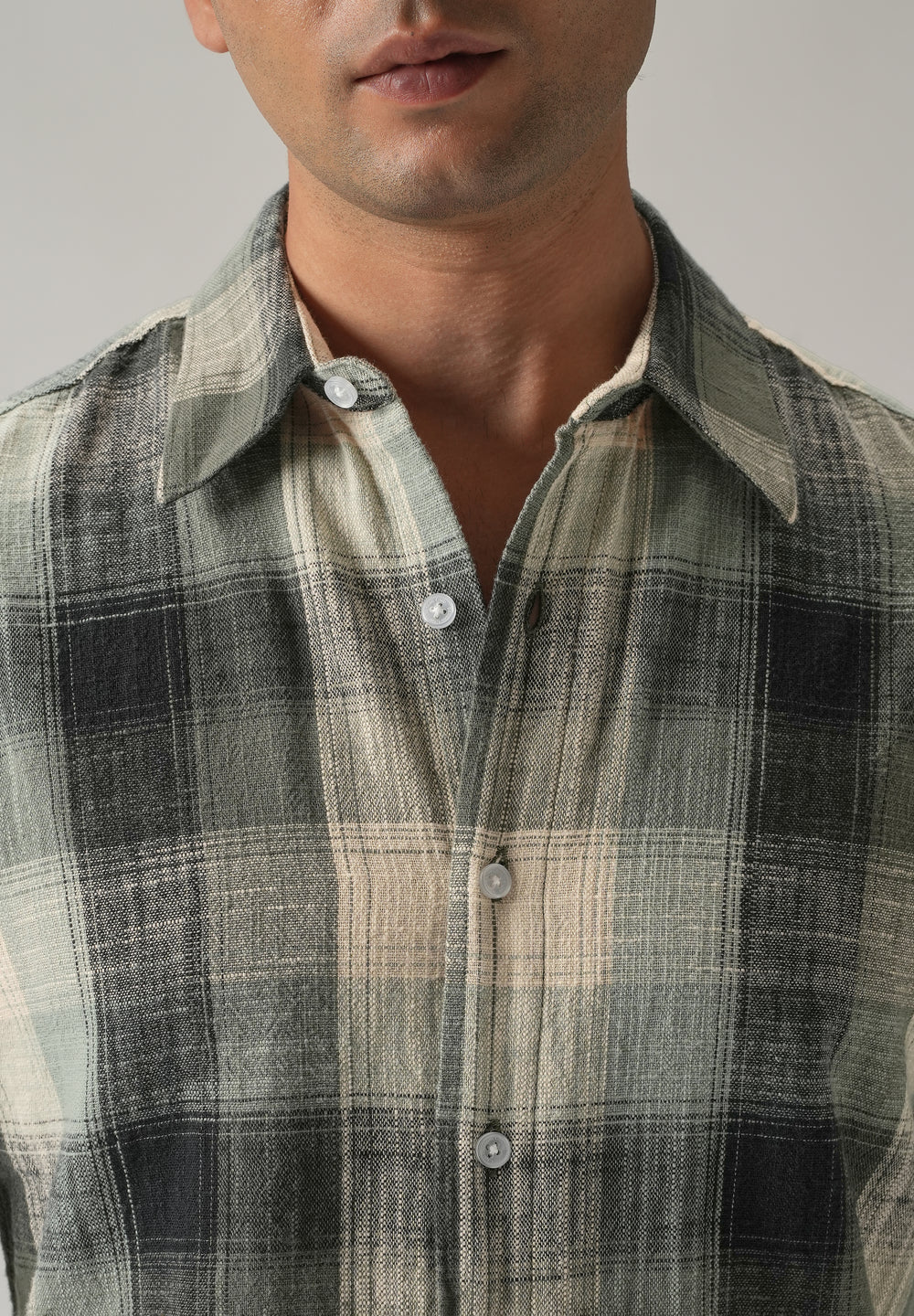 Green Cotton Linen Box Check shirt
