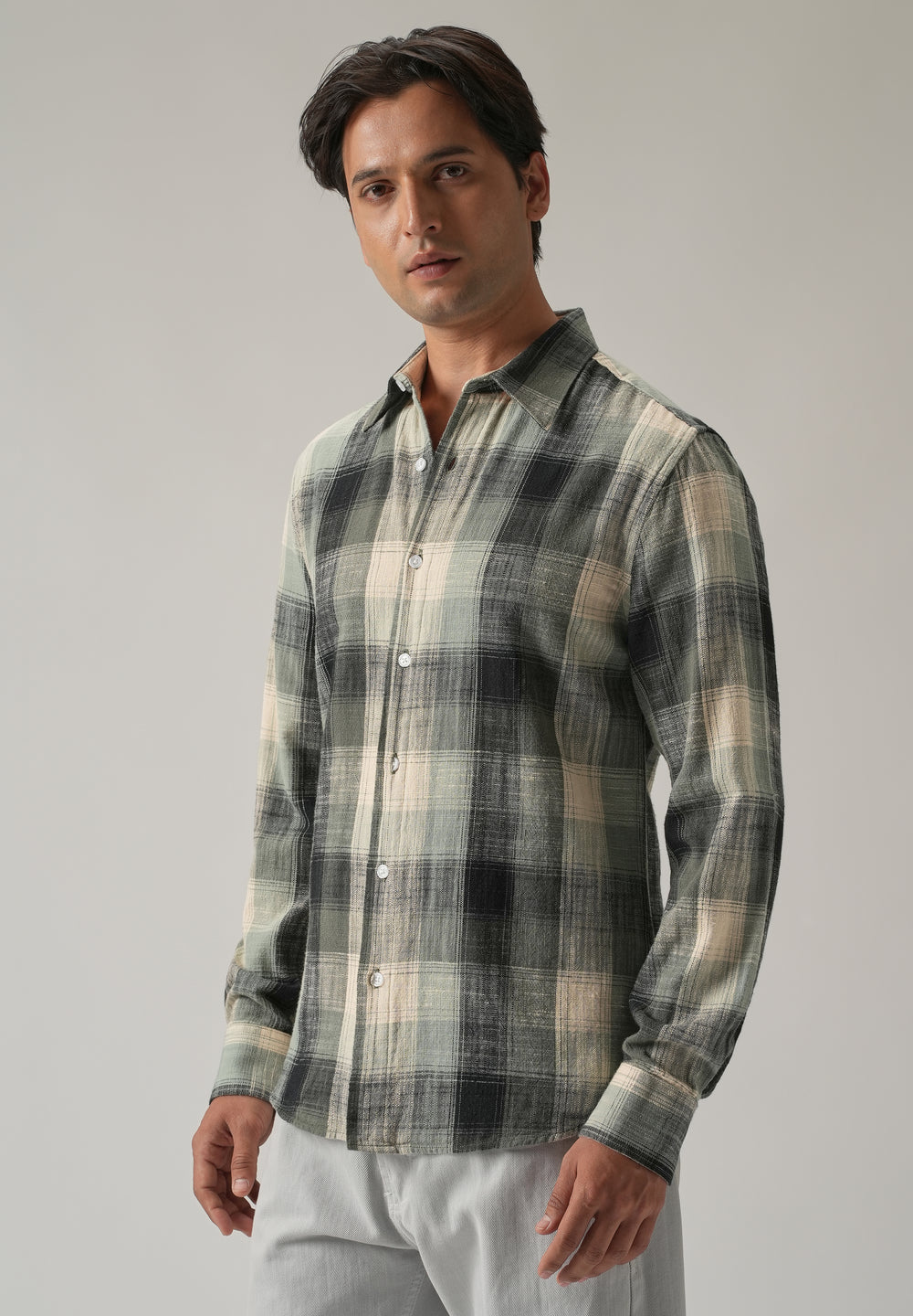 Green Cotton Linen Box Check shirt