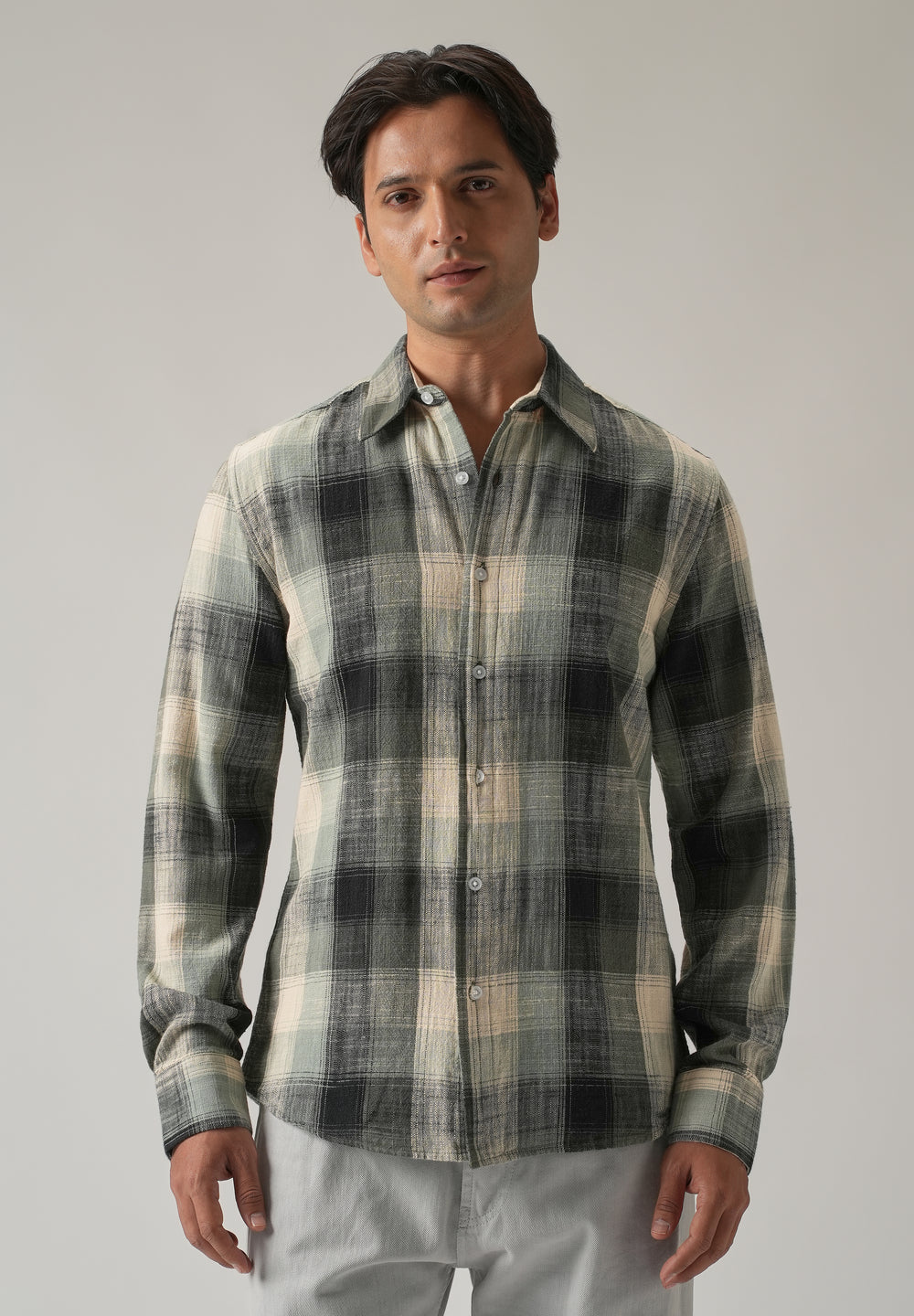Green Cotton Linen Box Check shirt