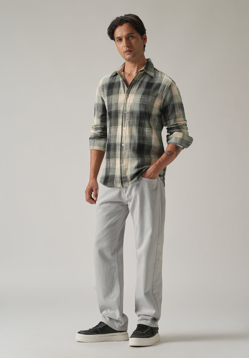 Green Cotton Linen Box Check shirt