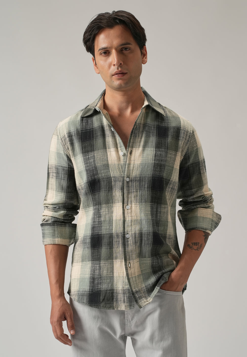 Green Cotton Linen Box Check shirt
