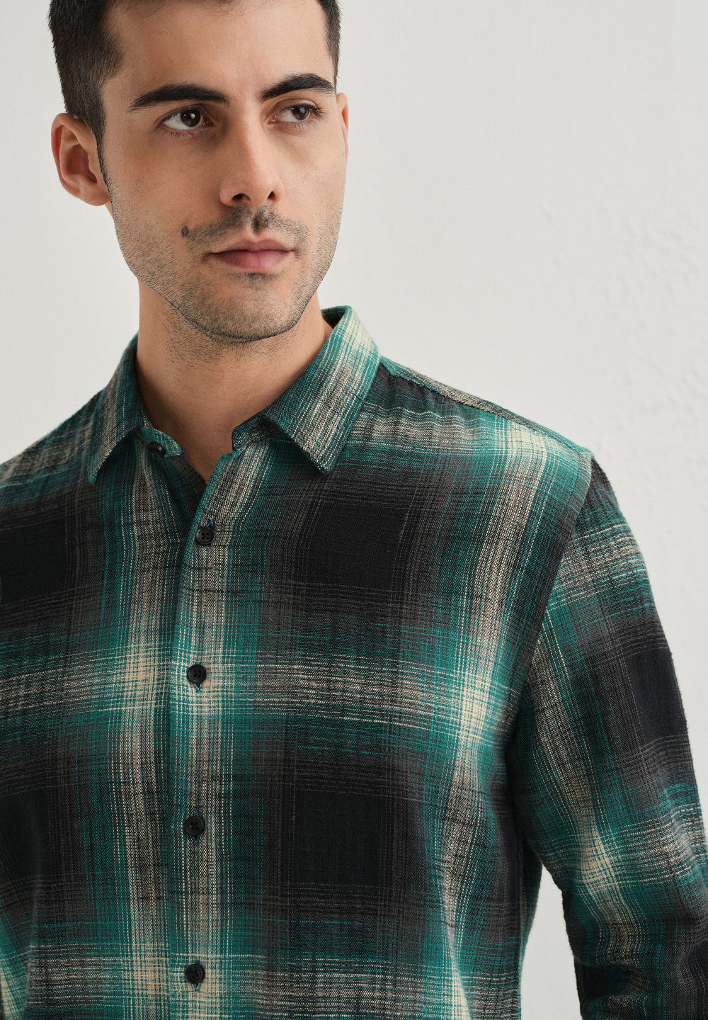 Dark Green Cotton Linen Check Shirt